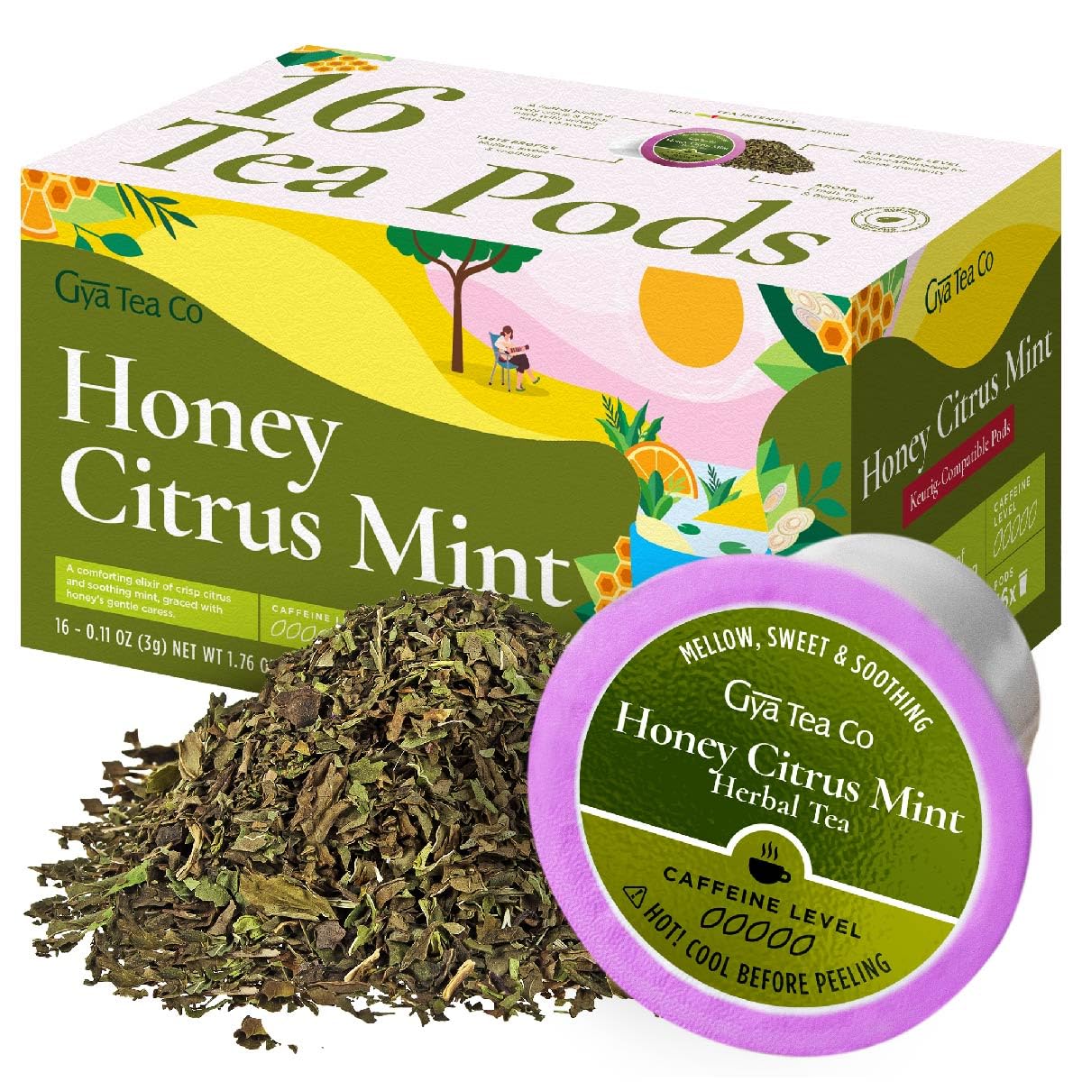 Gya Tea Co Honey Citrus Mint Herbal Tea Pods - Decaf Wellness Tea, 16 Count