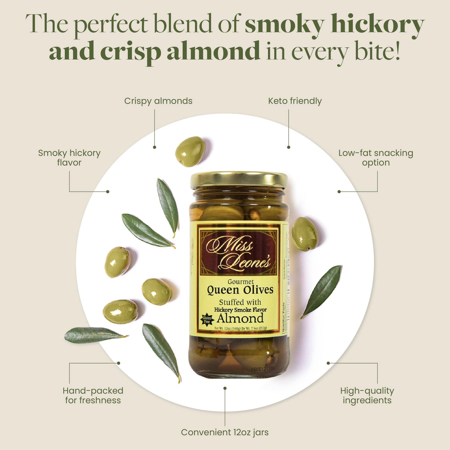 Leonard Mountain Miss Leone'S Almond Hickory Stuffed Queen Olives, Pack Of 3, 12 Oz.