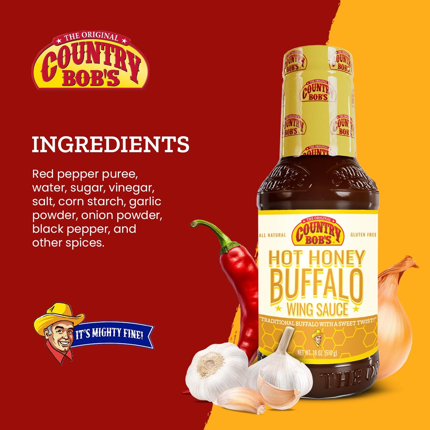 Country Bob'S Hot Honey Buffalo Wing Sauce - Traditional Buffalo With Sweet Twist, Small Batch Crafted, Ideal For Grilling, Fryi
