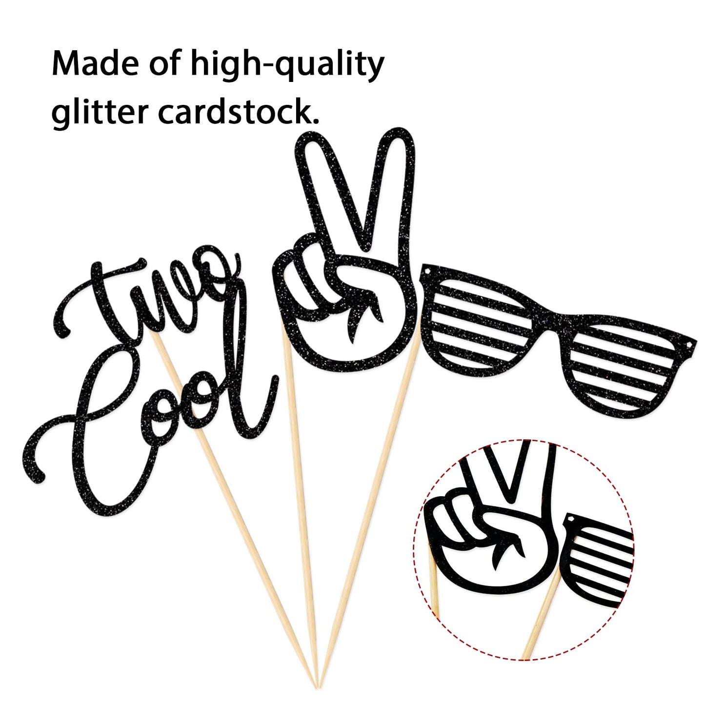Two Cool Cupcake Toppers, Boy Second Birthday Party, 2Nd Birthday Party Decorations, Glitter Black, 24 Pcs