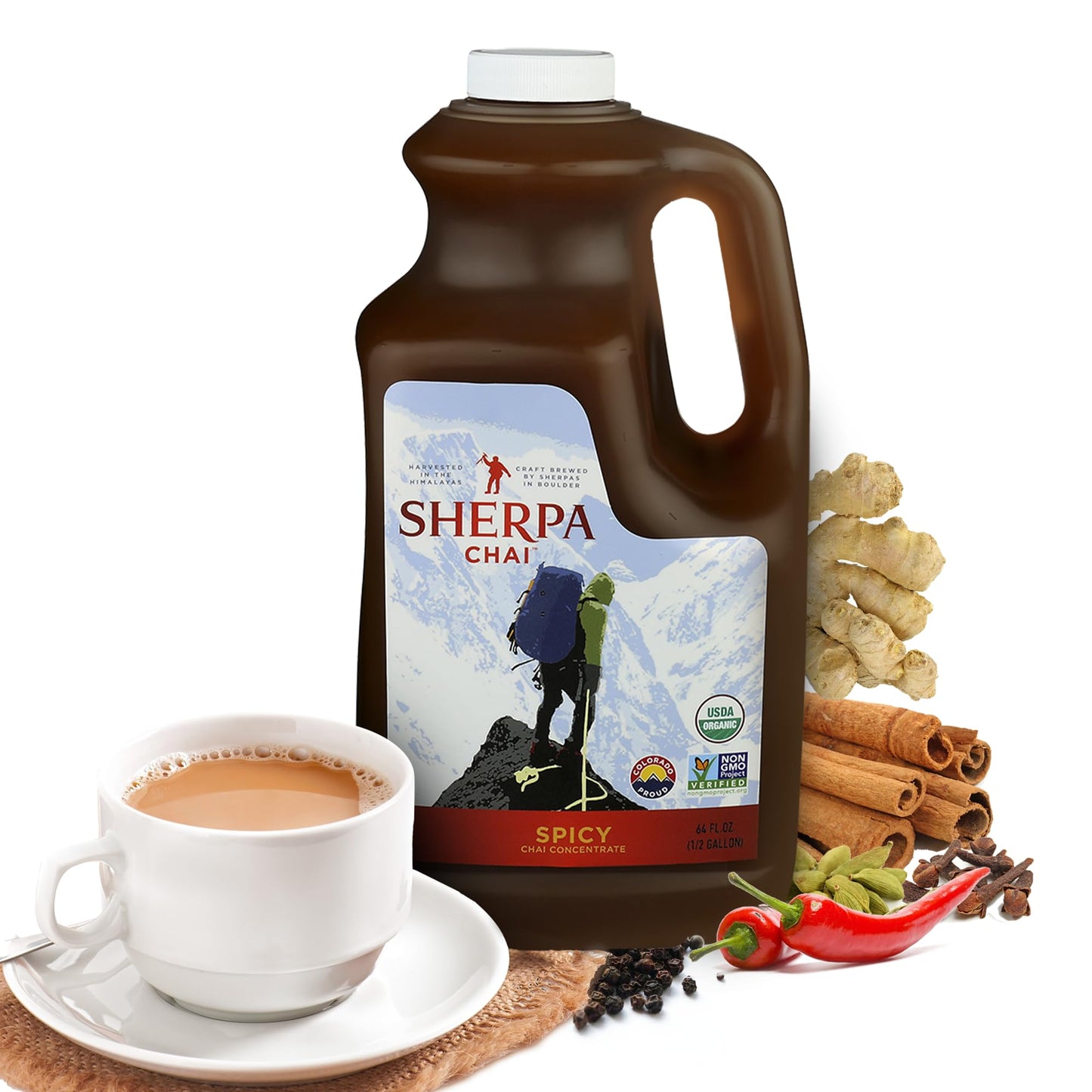 Sherpa Chai Organic Chai Tea Concentrate, Himalayan Black Tea with Ginger, 64 Fl Oz