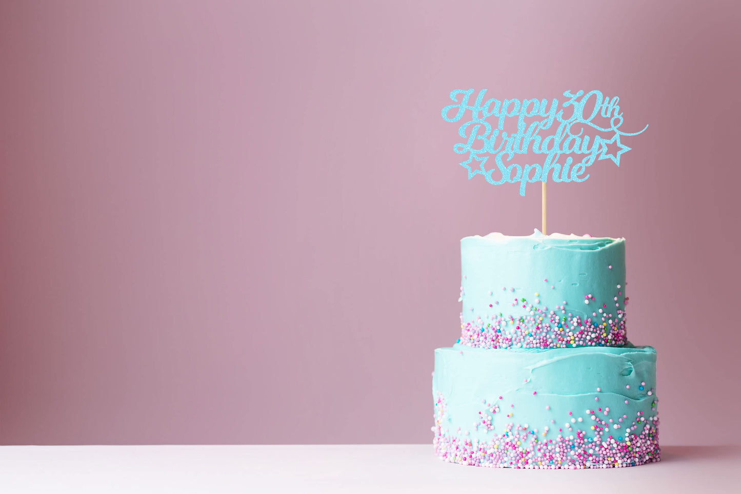 Personalized Happy Birthday Cake Topper Customized With Any Age Name Party Cake Decoration 16 18 21 40 60 Double Sided Glitter Card Baby Blue