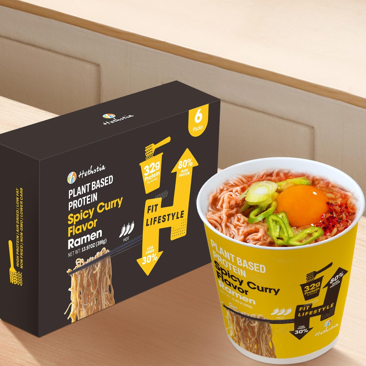 Hethstia Protein Ramen, Spicy Curry Flavor Pre-Packaged Ramen Soup Cup, 6-Pack Instant High-Protein Noodle Broth, 32g Plant Prot