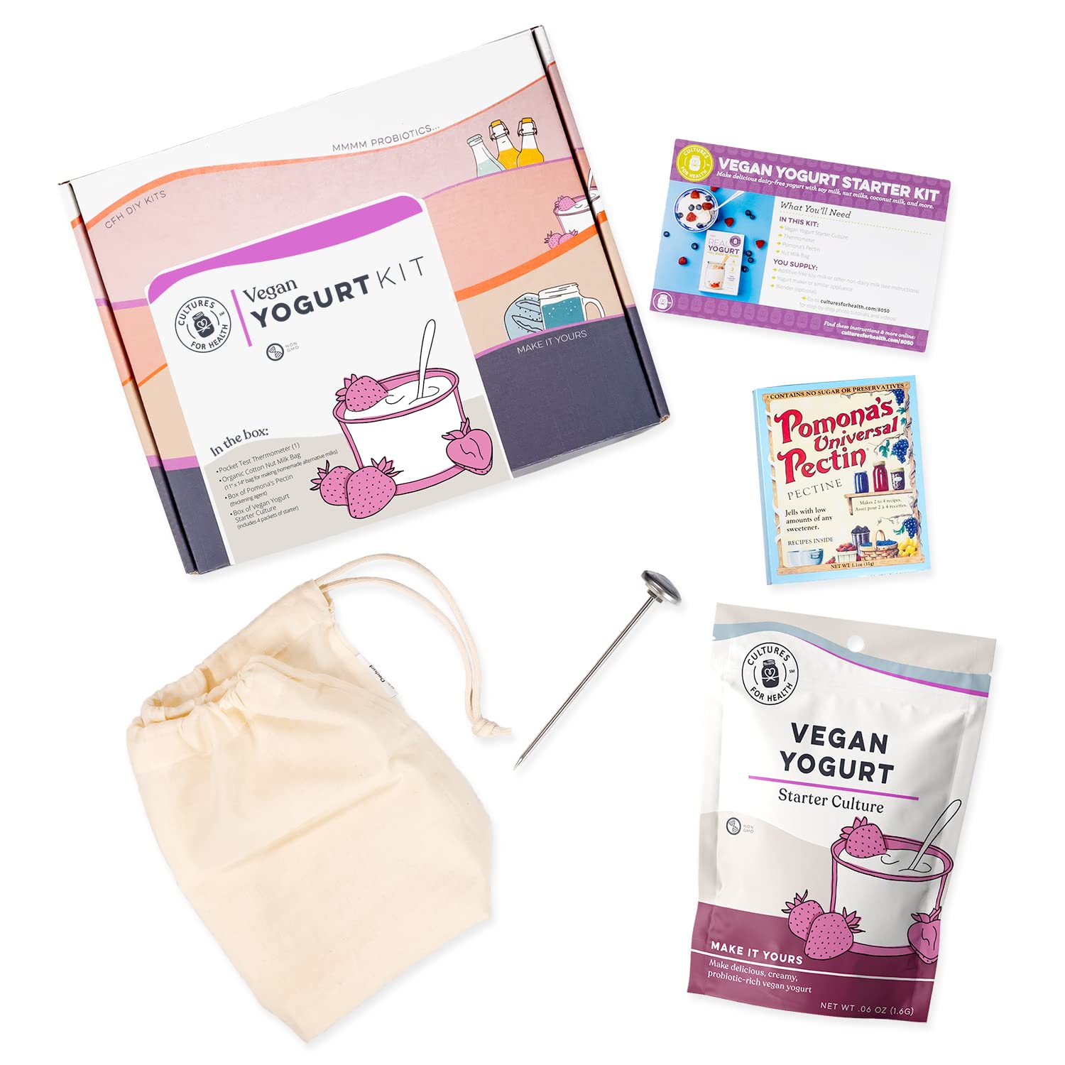 Cultures For Health Vegan Yogurt Starter Kit - 7 Piece DIY Kit, Includes Dairy Free Yogurt Culture, Cotton Nut Milk Bag, 16 oz, White