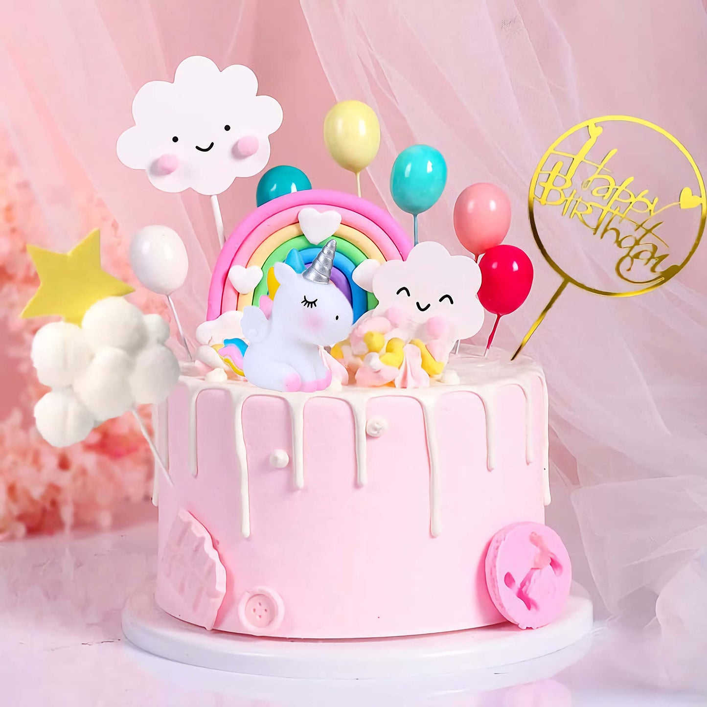 Unicorn Cake Topper, Qoadwem 15Pcs Unicorn Rainbow Cake Toppers For Girls With Rainbow Heart Unicorn Cloud Balloon Happy Birthda