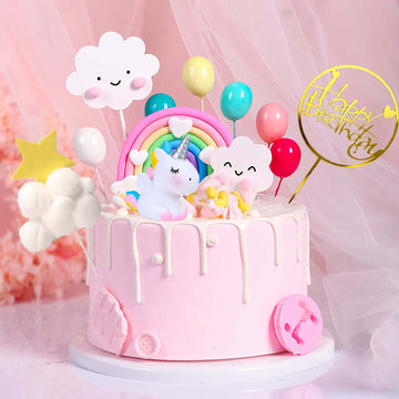 Unicorn Cake Topper, Qoadwem 15Pcs Unicorn Rainbow Cake Toppers For Girls With Rainbow Heart Unicorn Cloud Balloon Happy Birthda