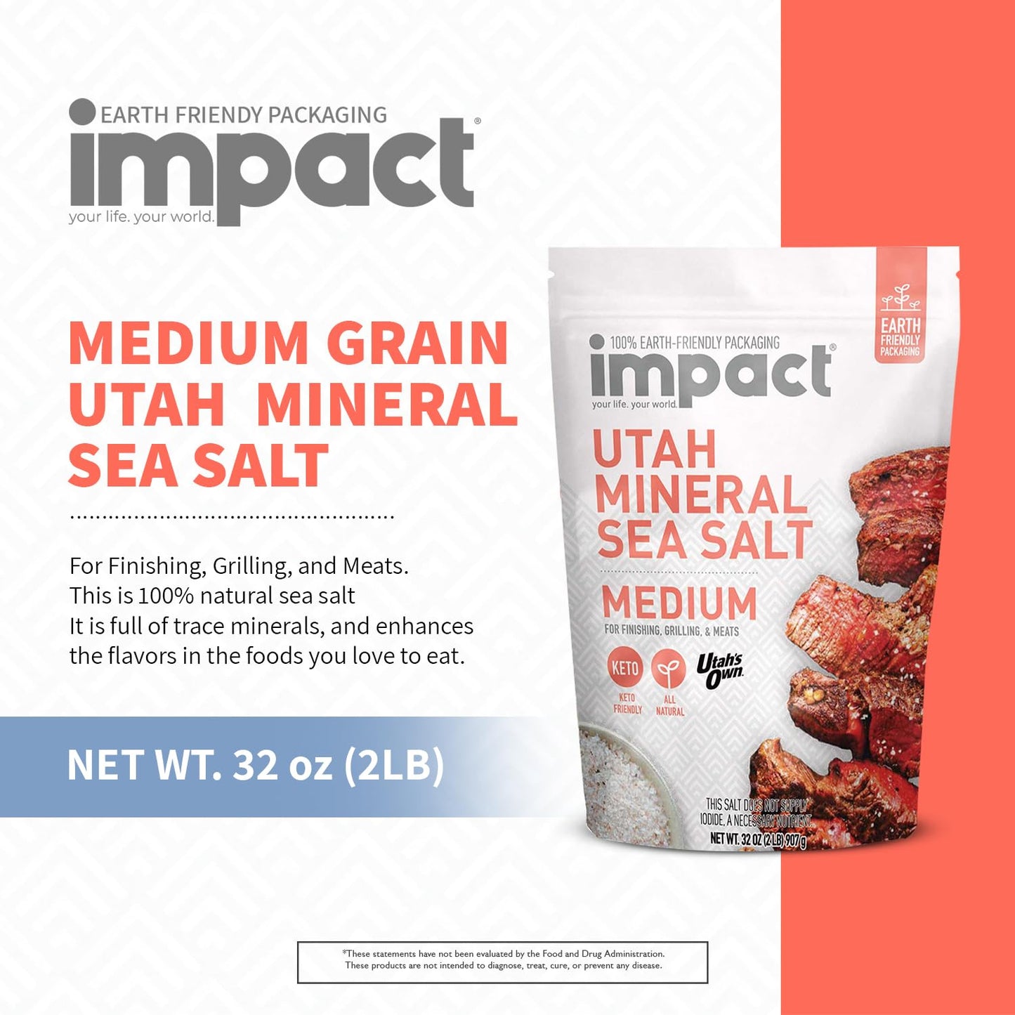 Impact Utah Mineral Sea Salt, Medium Grain, Unrefined, Non-GMO, Gluten Free, 32 Ounce