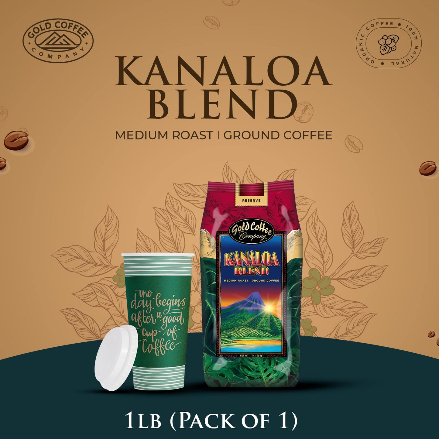Gold Coffee Company Kanaloa Premium House Blend | Gourmet Medium Roast Ground Coffee | 100% Arabica Roasted Beans | 1 Lb.