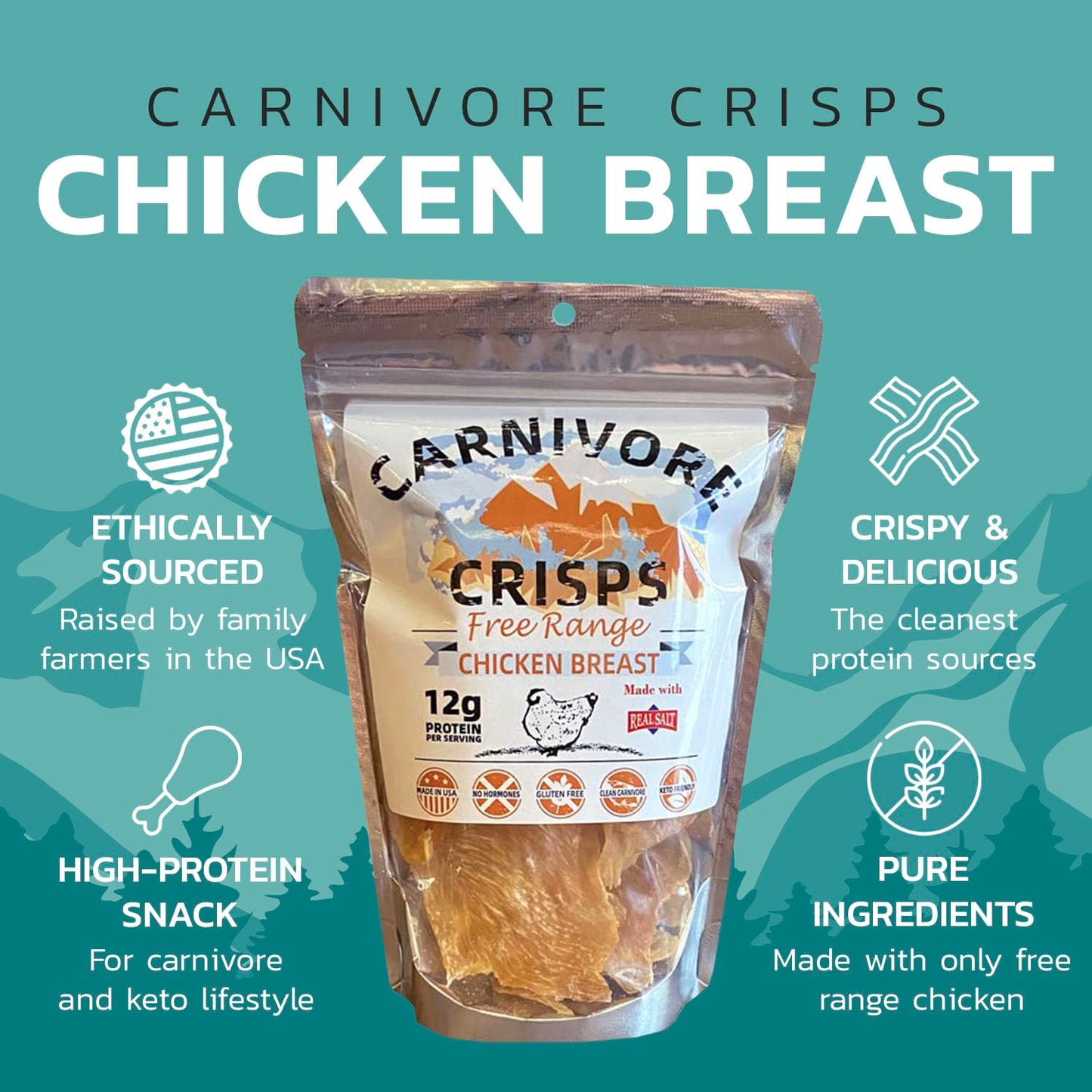 Carnivore Crisps Chicken Breast, (3) 1.5 Oz Bag, 12 G Proteins Per Serving, Carnivore Diet Approved, Keto Diet Approved