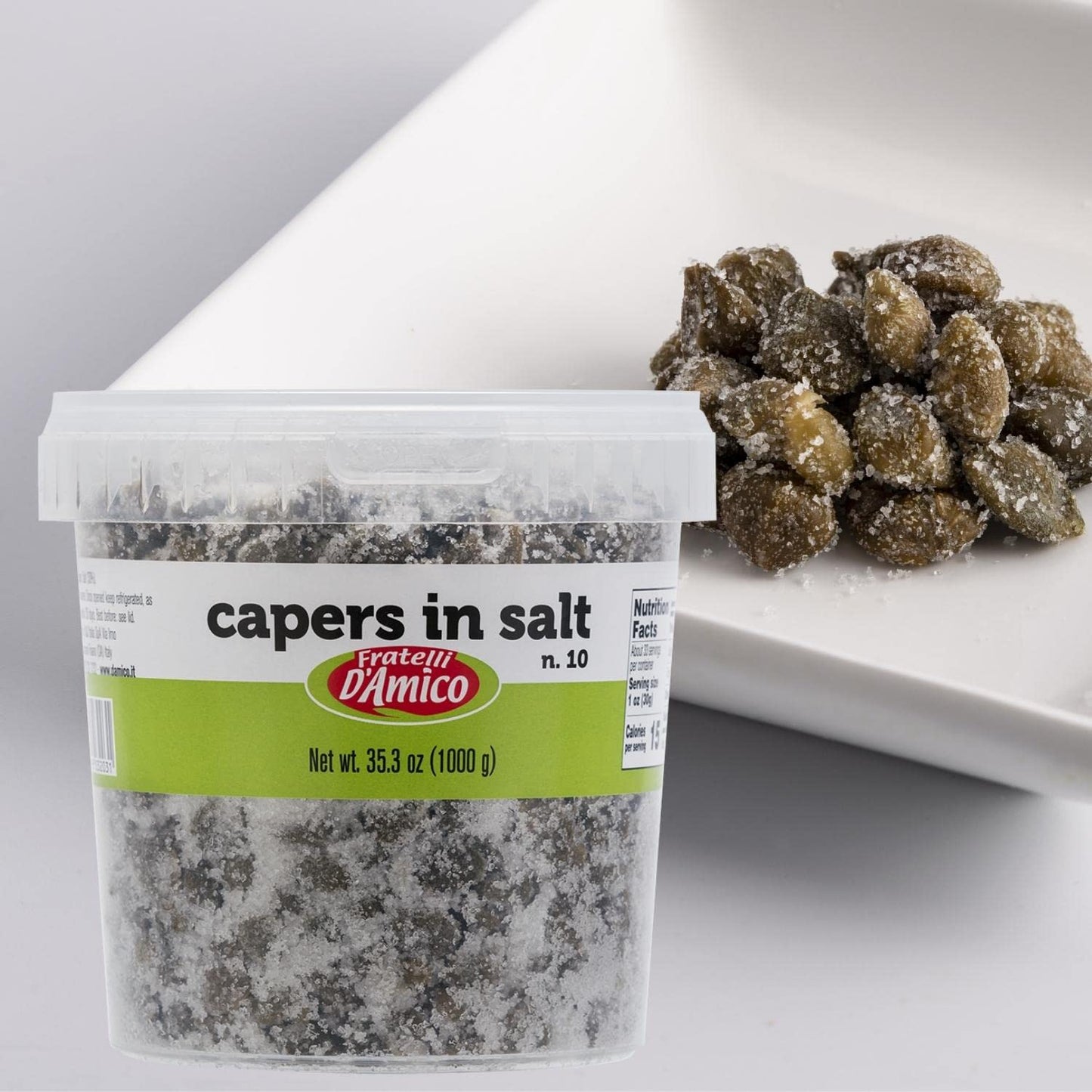 Capers In Salt, Size #10, Net Wt. 35.3Oz (1000G), Italian Salted Capers, Caperi, Non-Gmo, Fratelli D'Amico, Product Of Italy.