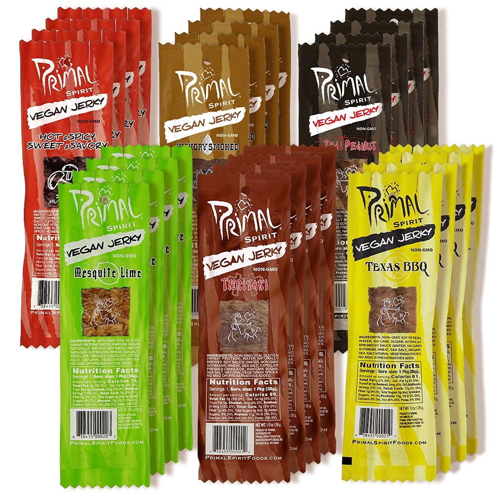 Primal Spirit Vegan Jerky Sampler Pack - 10g Plant Based Protein, 24-Pack, 1 oz. (Thai Peanut, Mesquite Lime, Teriyaki, Hot & Spicy