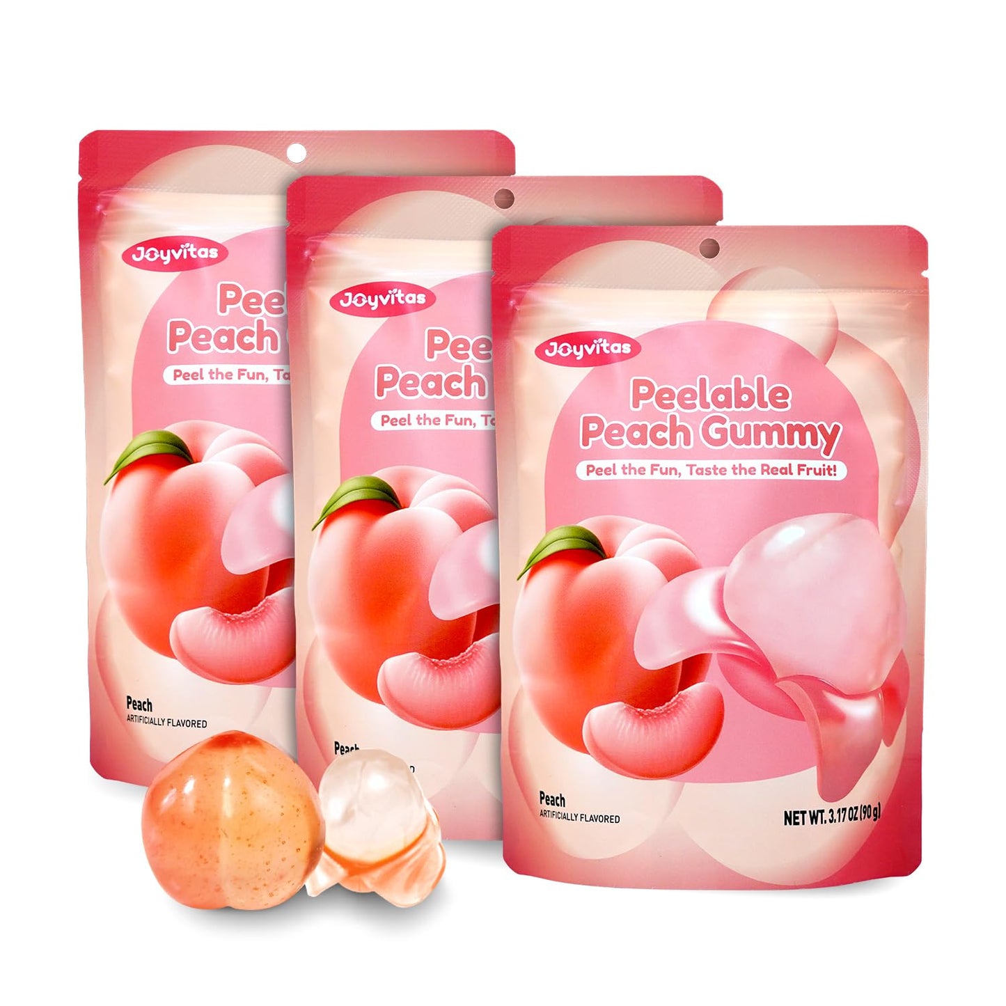 Joyvitas Peelable Gummy Peach Candy – Low Sugar & Low Calorie, Resealable Snacks, 3 Pack (9.53oz)