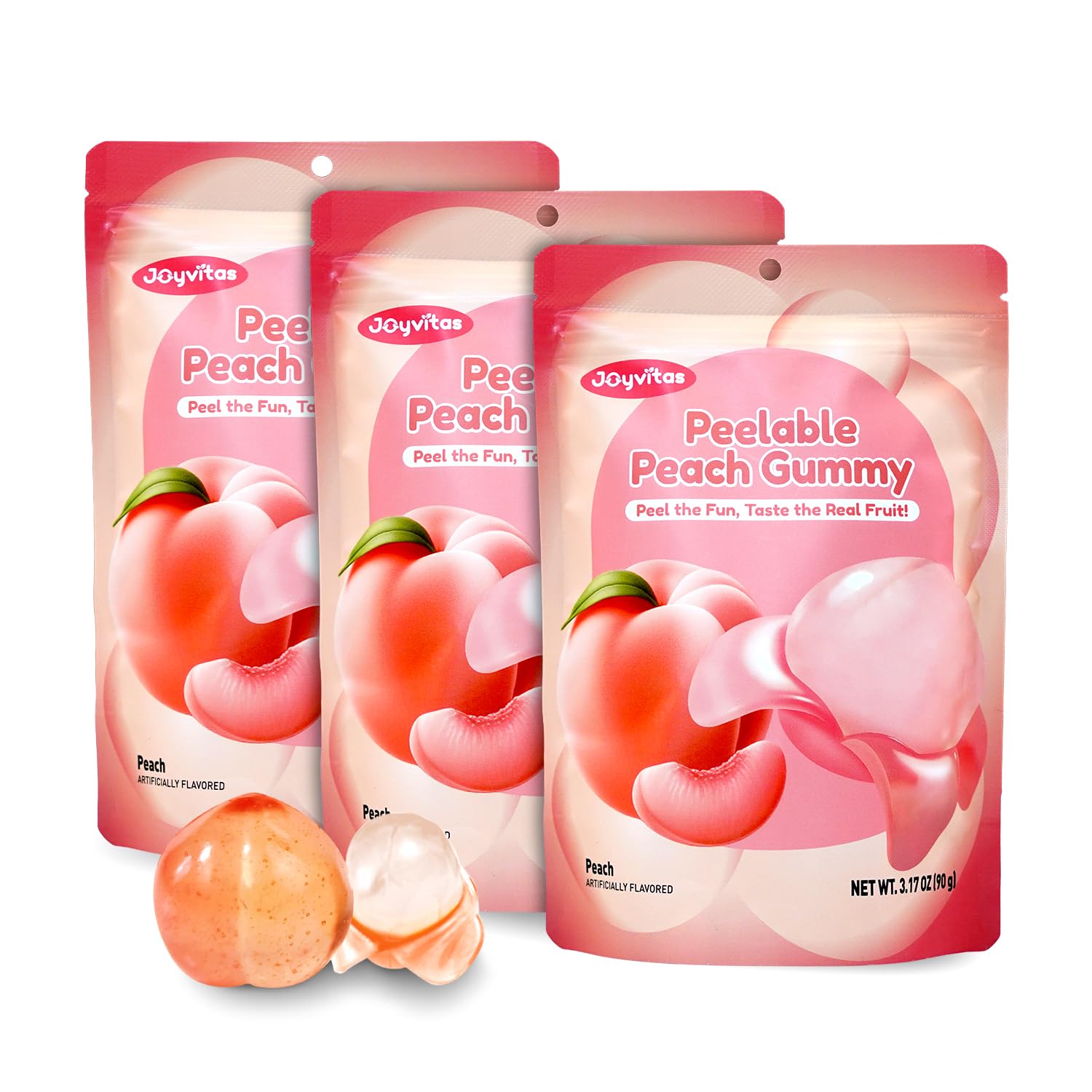 Joyvitas Peelable Gummy Peach Candy – Low Sugar & Low Calorie, Resealable Snacks, 3 Pack (9.53oz)