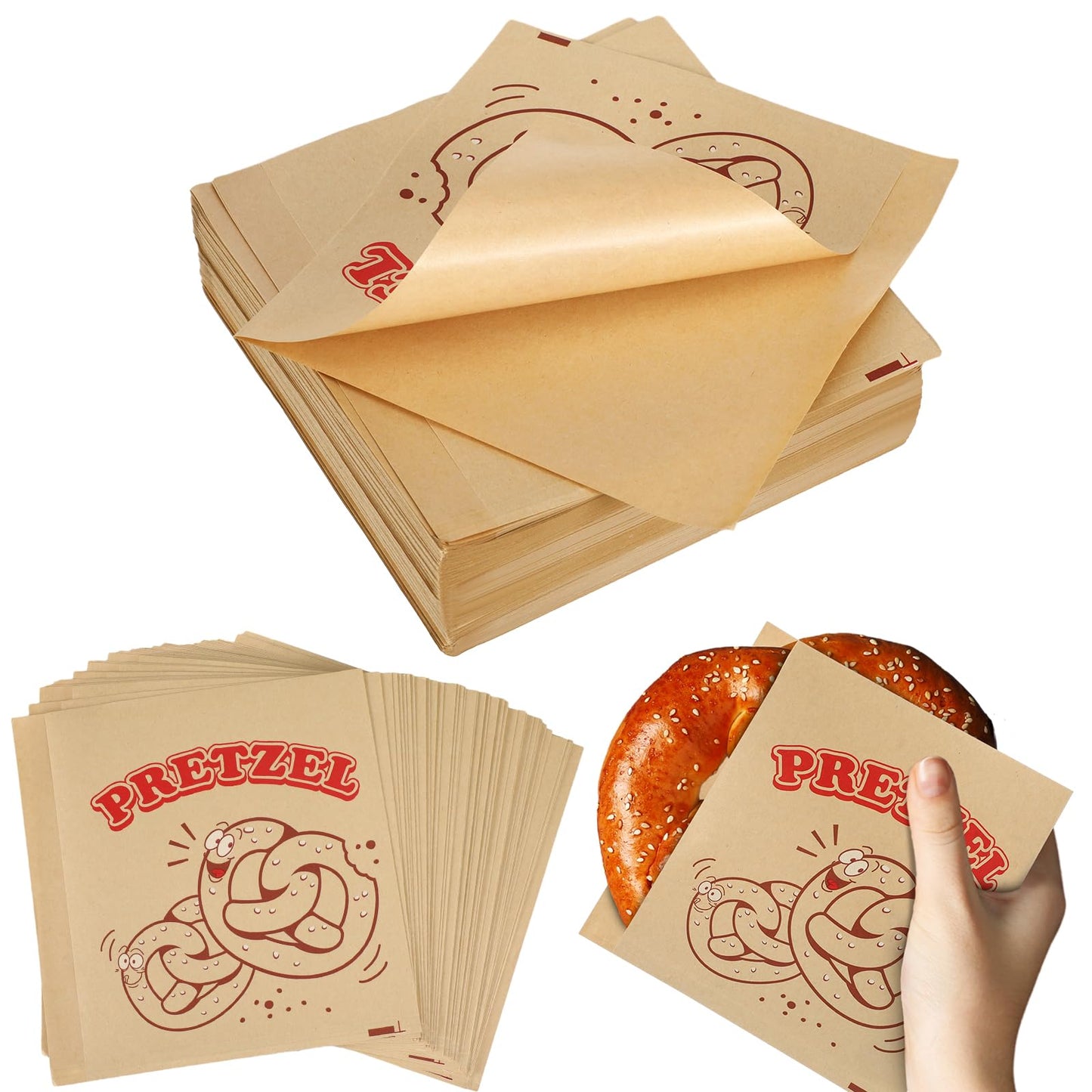 Colarr Soft Pretzel Bags, Grease Resistant Paper Sandwich Wrappers, 6.69 x 7.09 Inch, Brown, 400 Pcs, Patterned Style