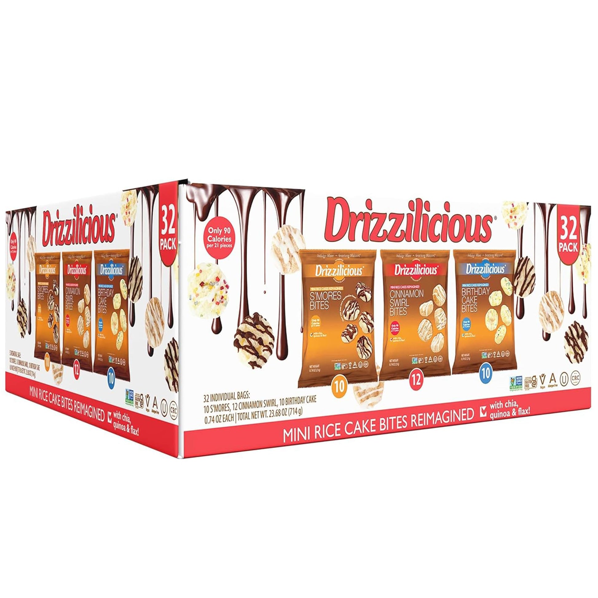 Drizzilicious Mini Rice Cakes Variety Pack - Vegan, Gluten Free, 0.74 oz, 32 Bags