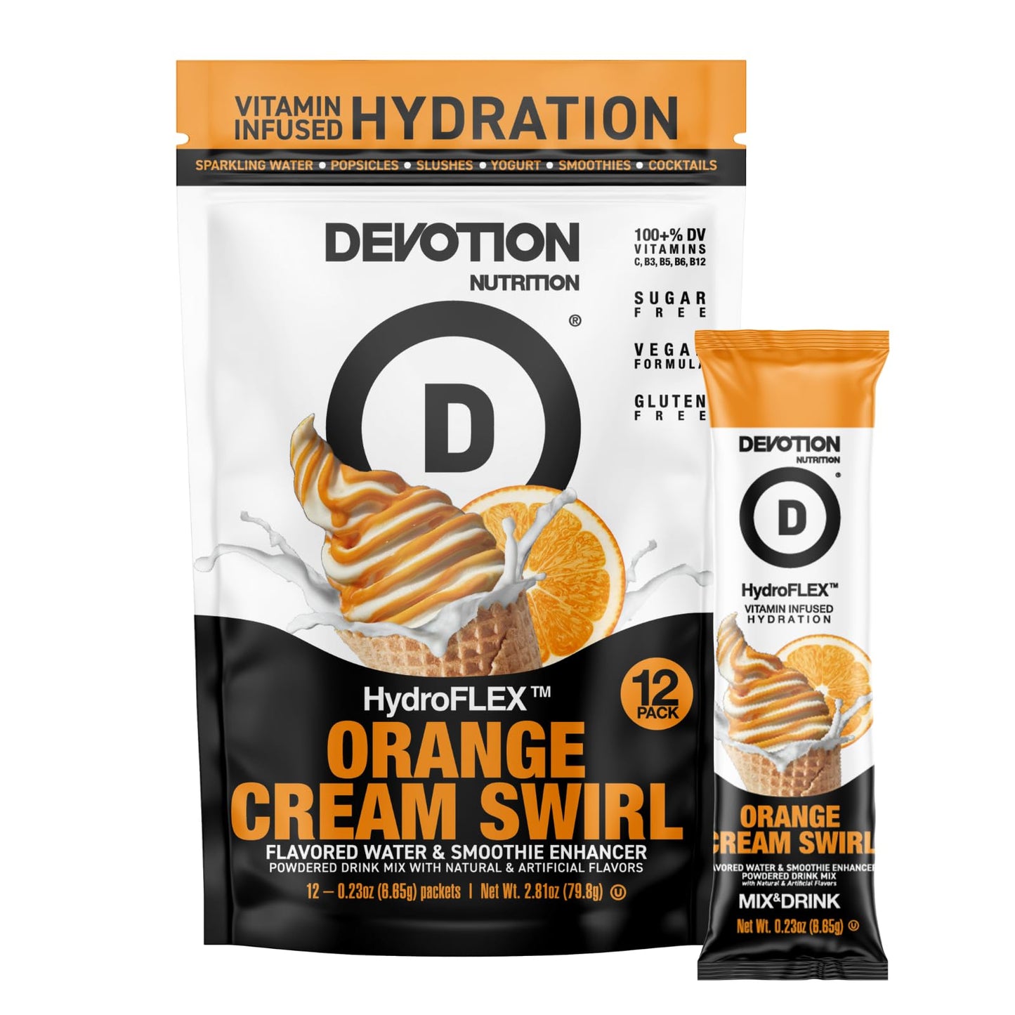 Devotion Nutrition HydroFLEX Water Flavoring Packets, Sugar-Free, Gluten-Free, Orange Cream Swirl, 12-Pack, 2.81 Oz