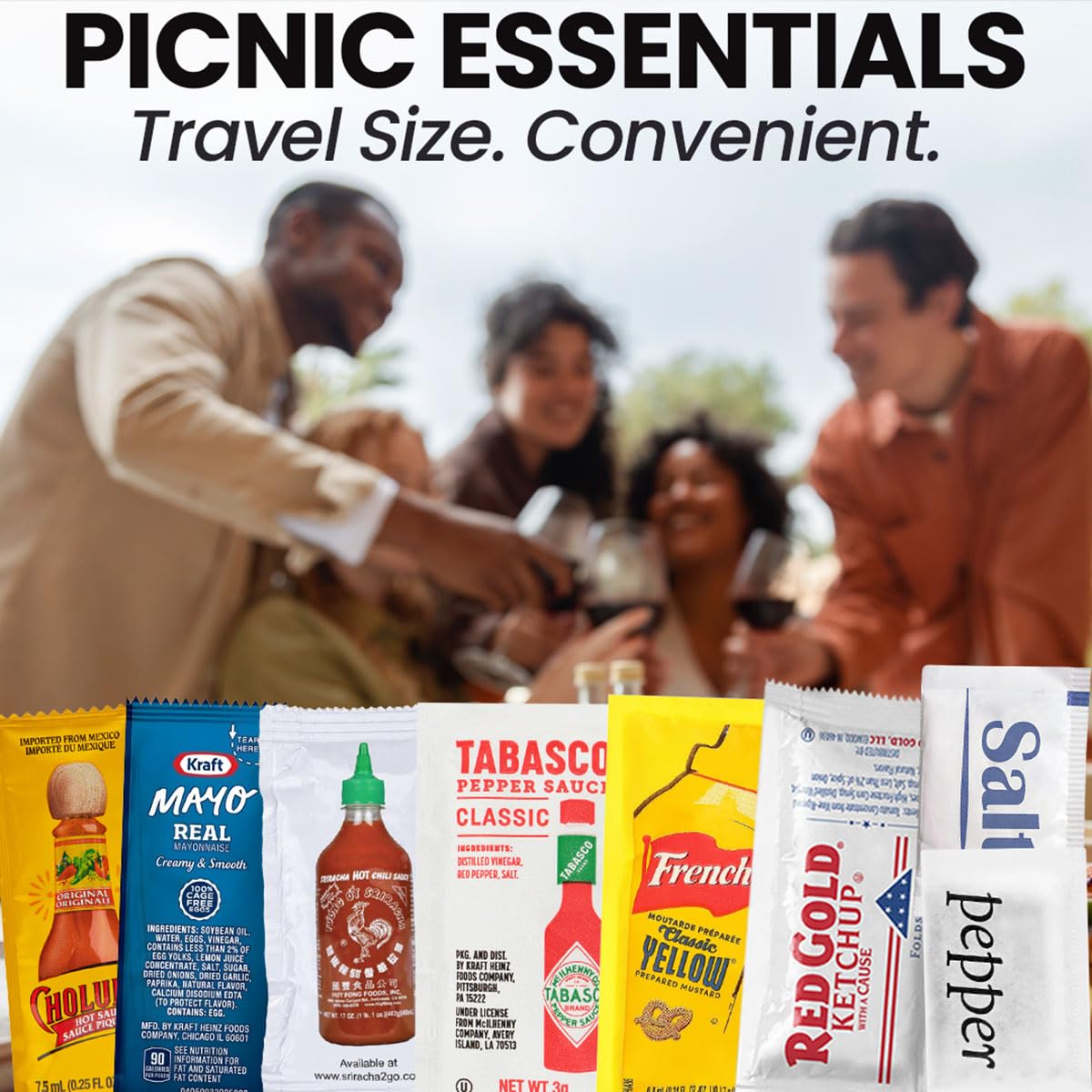 Condiment and Hot Sauce Packets Variety Pack - 325-ct Single Serve Ketchup Packs  Mayo and Mustard & Salsa Picante S w/Tabasco Pepper Sauce  Spicy Sriracha & Mini Mexican Hot Sauce Packets
