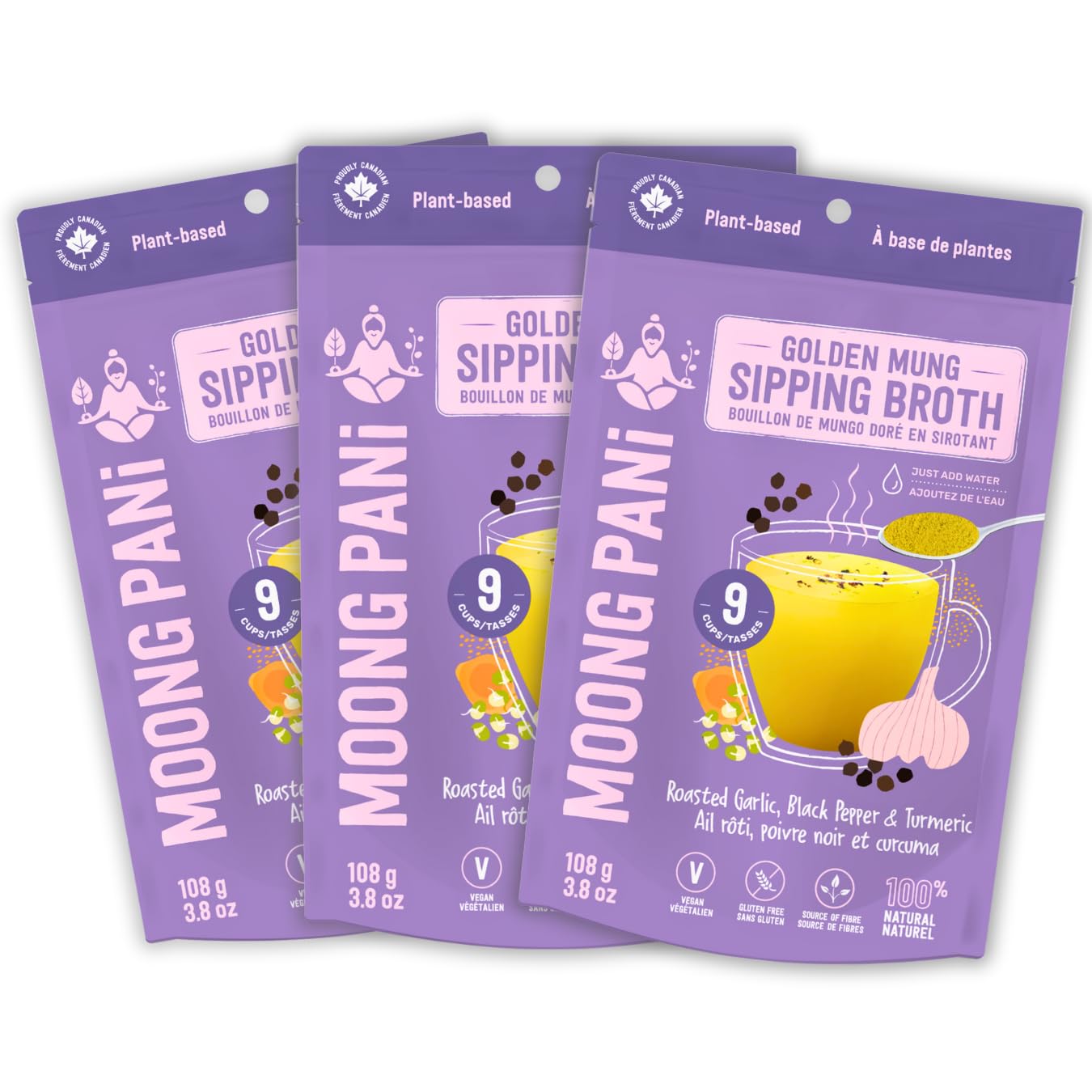 Moong Pani Mung Broth Powder, High Protein & Fibre, Roasted Garlic & Turmeric, 3 Pack, 3.81 Ounce