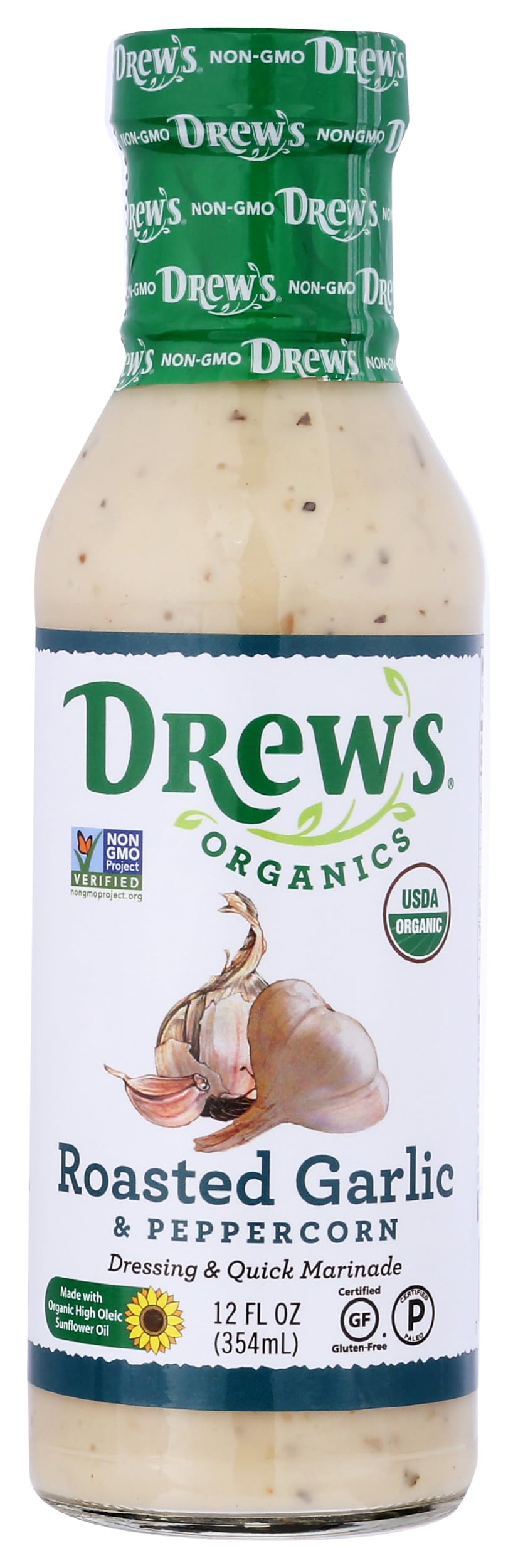 Drews All-Natural Salad Dressing And 10 Minute Marinade Roasted Garlic & Peppercorn 12-Ounce Bottle