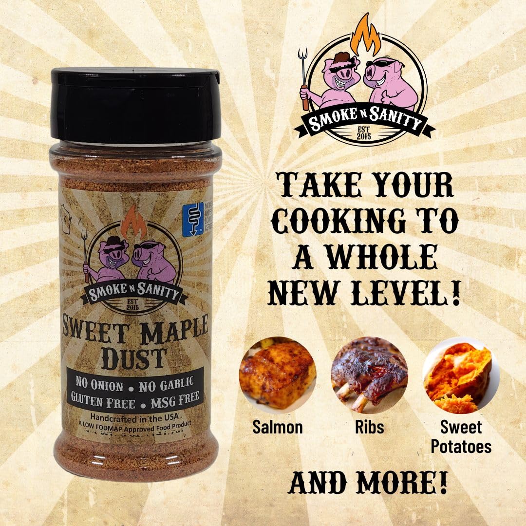 Smoke n Sanity Sweet Maple Dust - Certified Low FODMAP Seasoning - Gluten Free - Certified Kosher - Dairy Free for Low FODMAP Fo