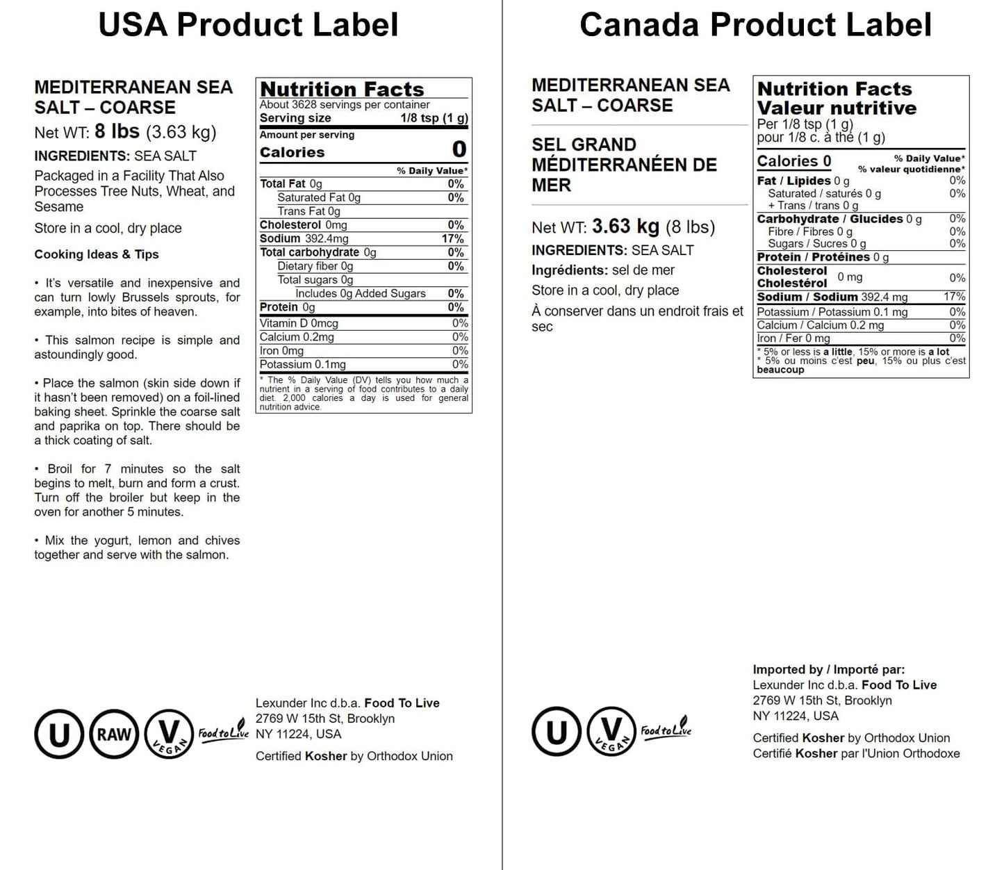 Food to Live - Mediterranean Sea Salt, 8 Pounds Coarse Grain, Pure Crystals, No Additives, No Preservatives, Vegan, Kosher, Bulk