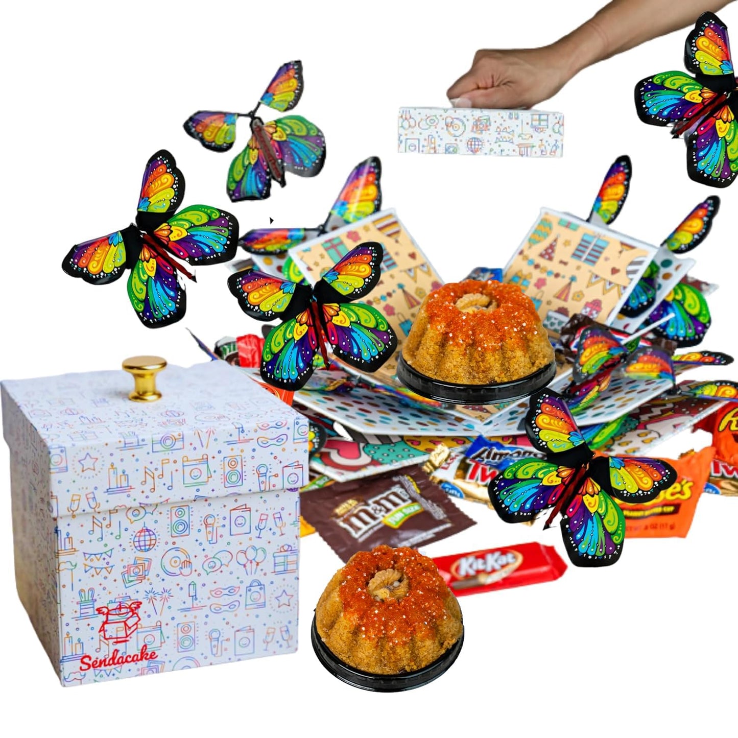 Birthday Explosion Box Gift With Flying Butterfly Surprise By Send A Cake, Vegan Carrot Bundt Cake & Candy - Birthday, Holiday, Special Occasion – Gift For Women, Men, Mature-Themeds, Kids