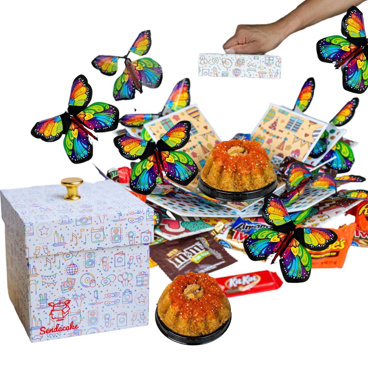 Birthday Explosion Box Gift With Flying Butterfly Surprise By Send A Cake, Vegan Carrot Bundt Cake & Candy - Birthday, Holiday, Special Occasion – Gift For Women, Men, Mature-Themeds, Kids