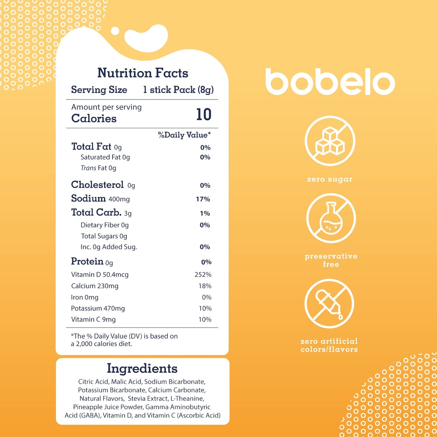 Bobelo Self Carbonating Hydration Packets | Low Calorie, Keto Friendly | Pineapple Coconut | 30 Count Pack