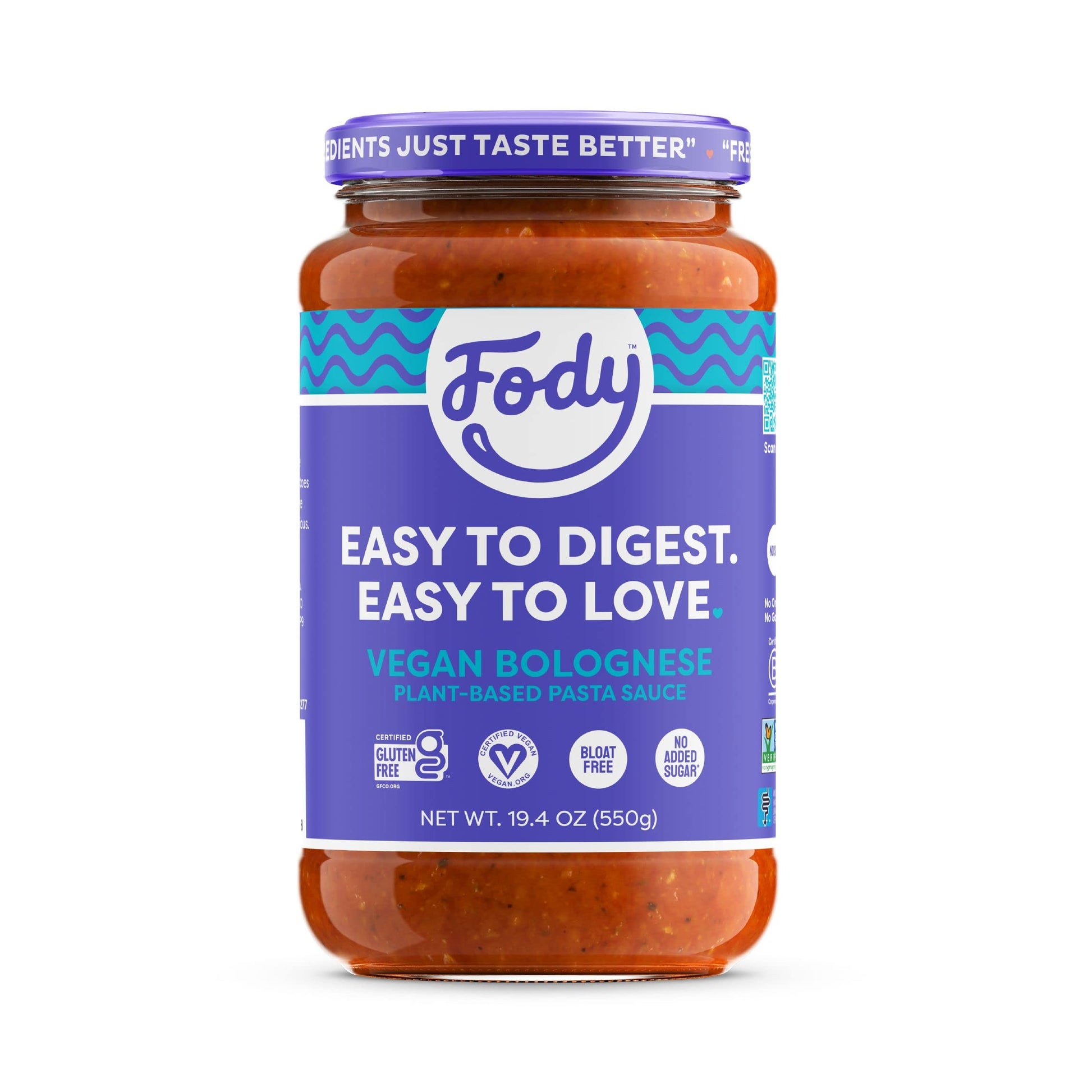 Fody Foods Vegan Bolognese Pasta Sauce, 19.4 Ounces, Low Fodmap Certified & Gut Friendly, Premium Quality Ingredients, Non-Gmo,