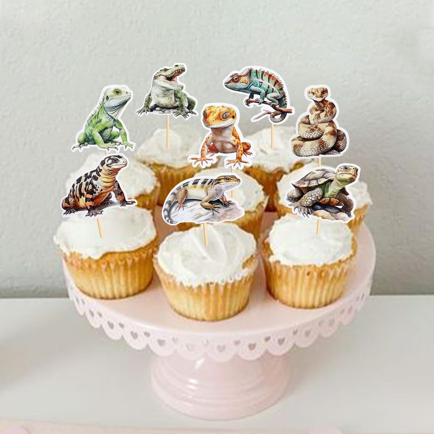 Ercadio 32 Pcs Reptiles Cupcake Toppers Chameleon Lizard Snake Alligator Turtle Cupcake Pick Decorations For Reptiles Theme Baby