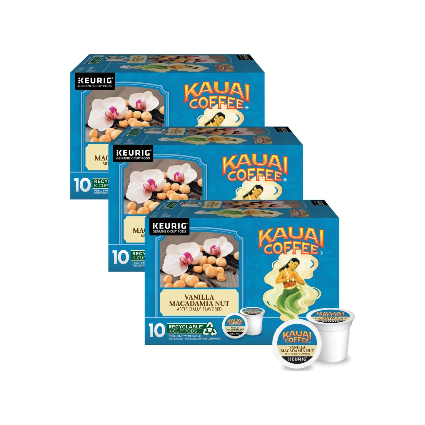 Kauai Coffee K-Cup Pods - Vanilla Macadamia Nut Flavor - Premium Arabica, 10 CT (Pack of 3)