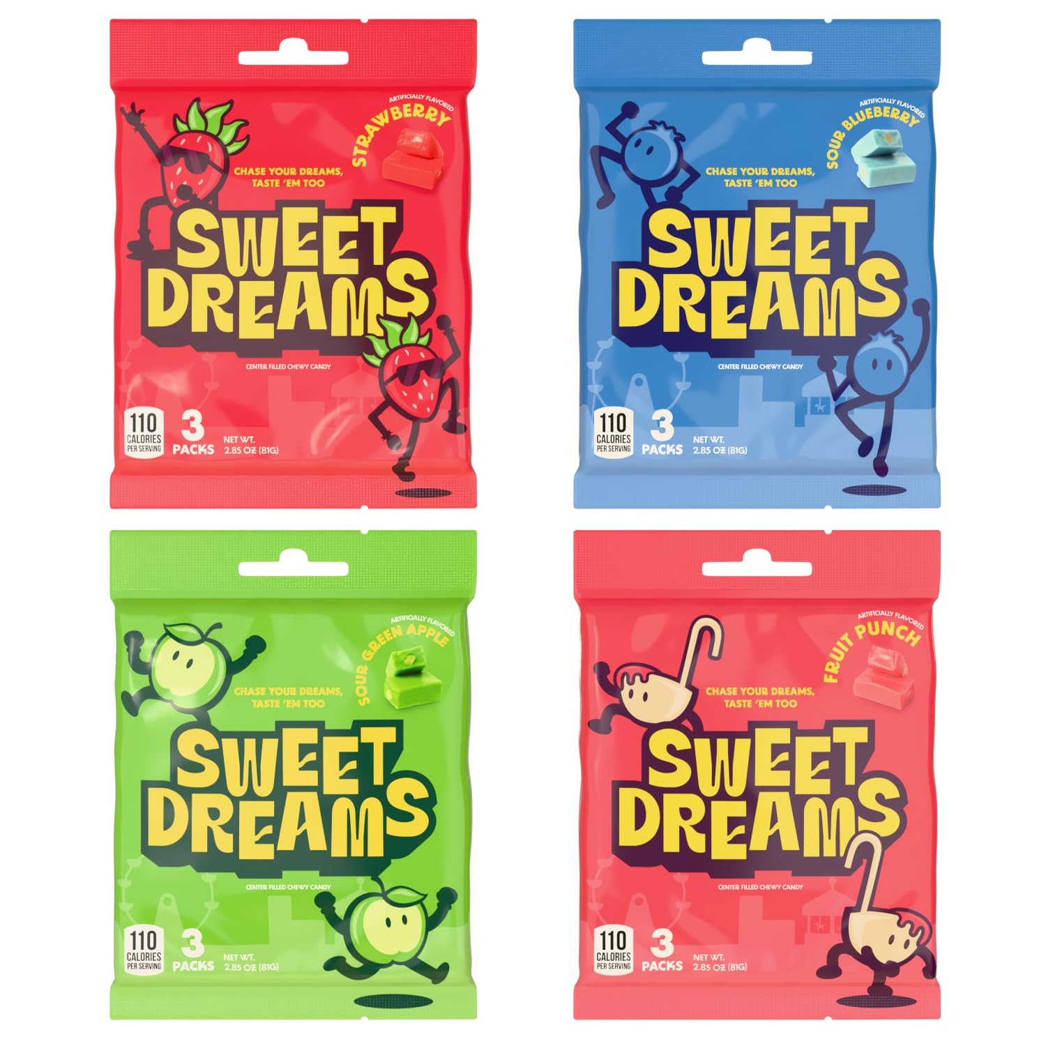 Sweet Dreams Center Filled Soft Chewy Candy Individually Wrapped  Gluten-Free Candies Party Size  Bulk Fruit Chews Candy For Kids - Fruit Punch Flavor  4 Assorted Candies Pack - 3 Sticks Per Bag  8 Pieces Per Stick- 96 Total Pieces