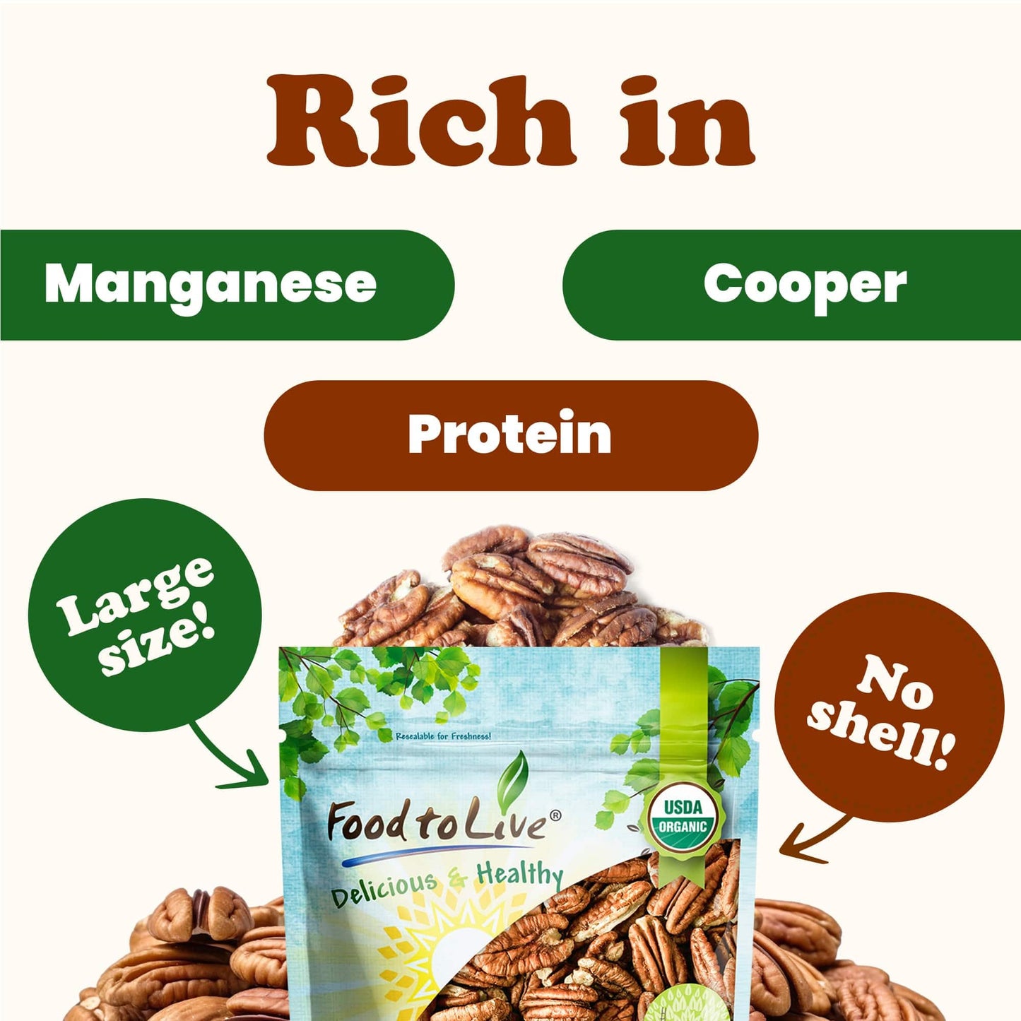 Food To Live Organic Pecan Halves, 14 Pounds - Non-Gmo, Kosher, Raw Pecan Nuts, Unsalted, Vegan, Kosher, Shelled, Sirtfood, Bulk