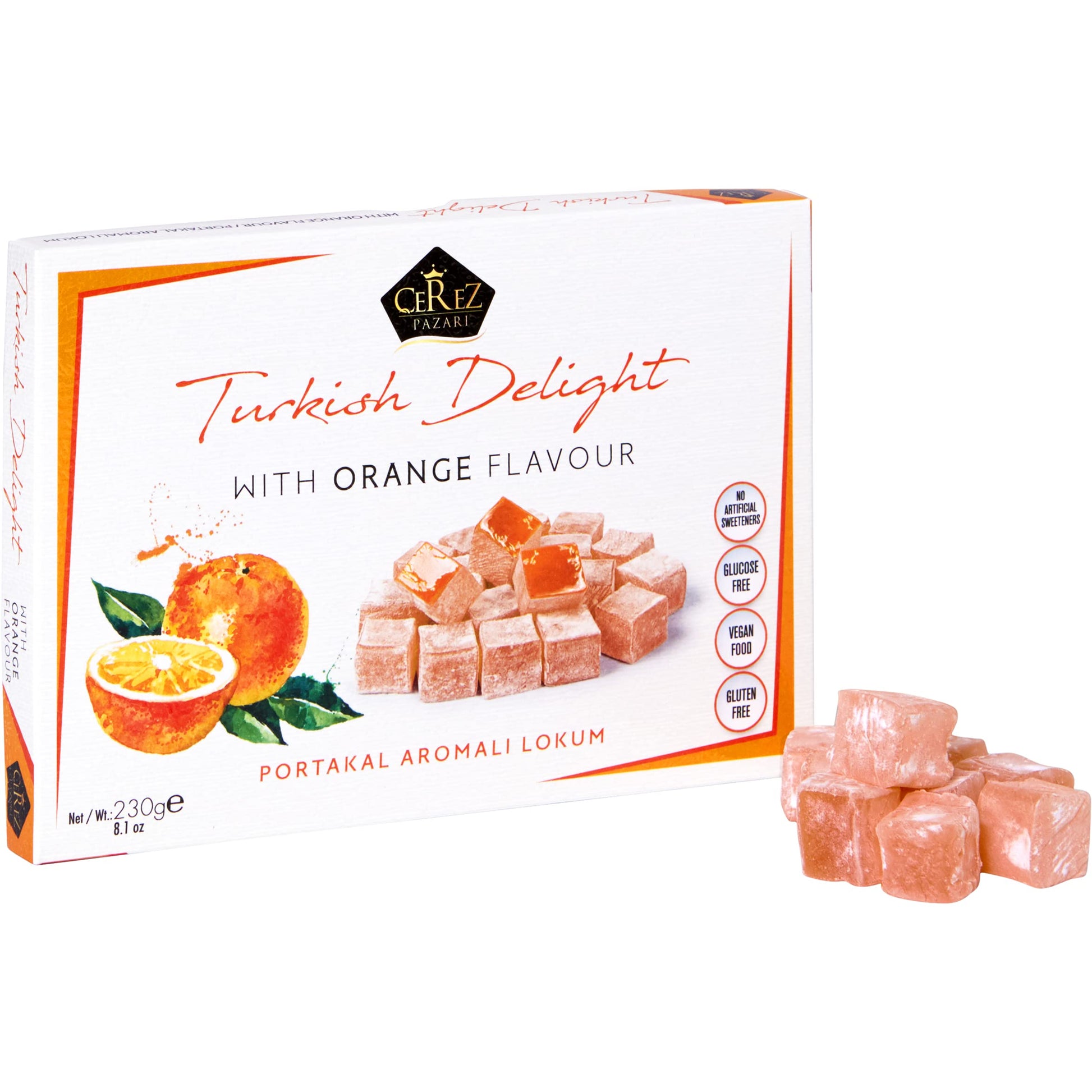 Cerez Pazari Turkish Delight With Orange Flavour 8.1 Oz Gourmet Small Size Snacks Gift Box | No Nuts Sweet Traditional Confectio