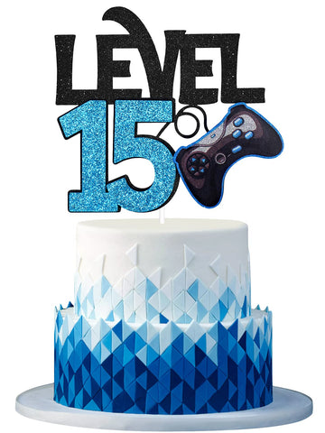 Level 15 Game Birthday Cake Topper - Video Game Boy'S 15Th Birthday Level Up Party Blue Cake Supplies - Game On Winner Gaming Pa