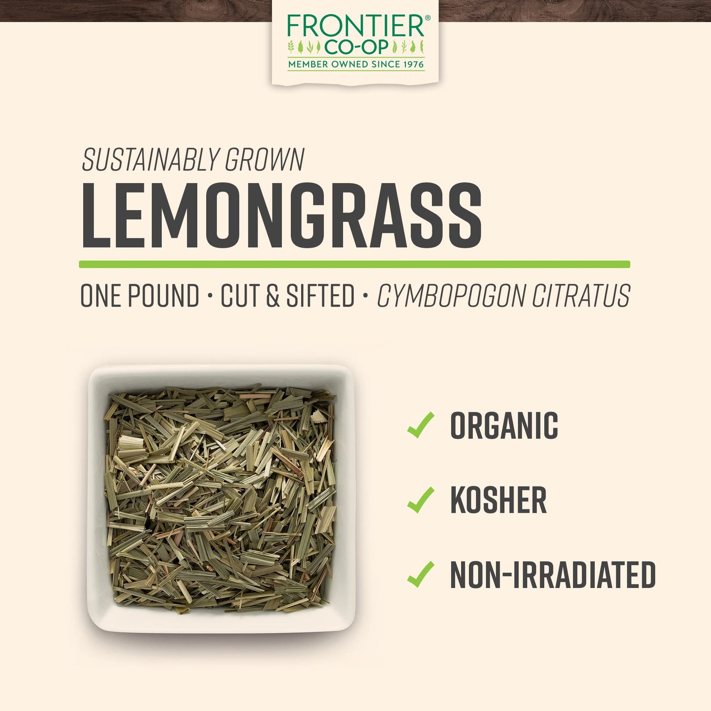 Frontier Co-op Organic Lemongrass, 1lb Bulk Bag - 100% Pure Dried Lemon Grass for Tea & Seasoning, Kosher Certified