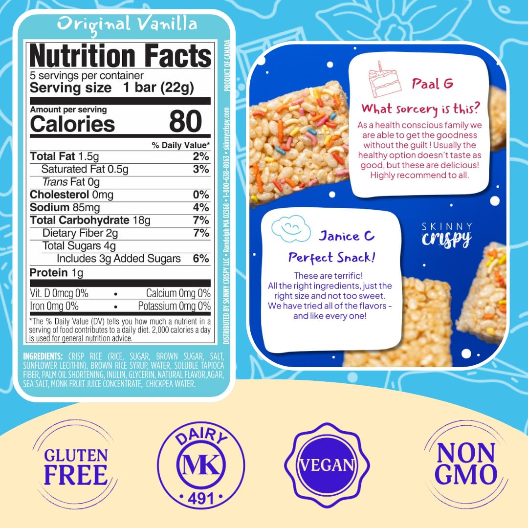 Skinny Crispy Original Vanilla Rice   – Low Sugar (4G), Vegan, Gluten-Free, Dairy-Free, Non-Gmo, Top 9 Allergen-Free, Healthy Snack Bars, 12 Count