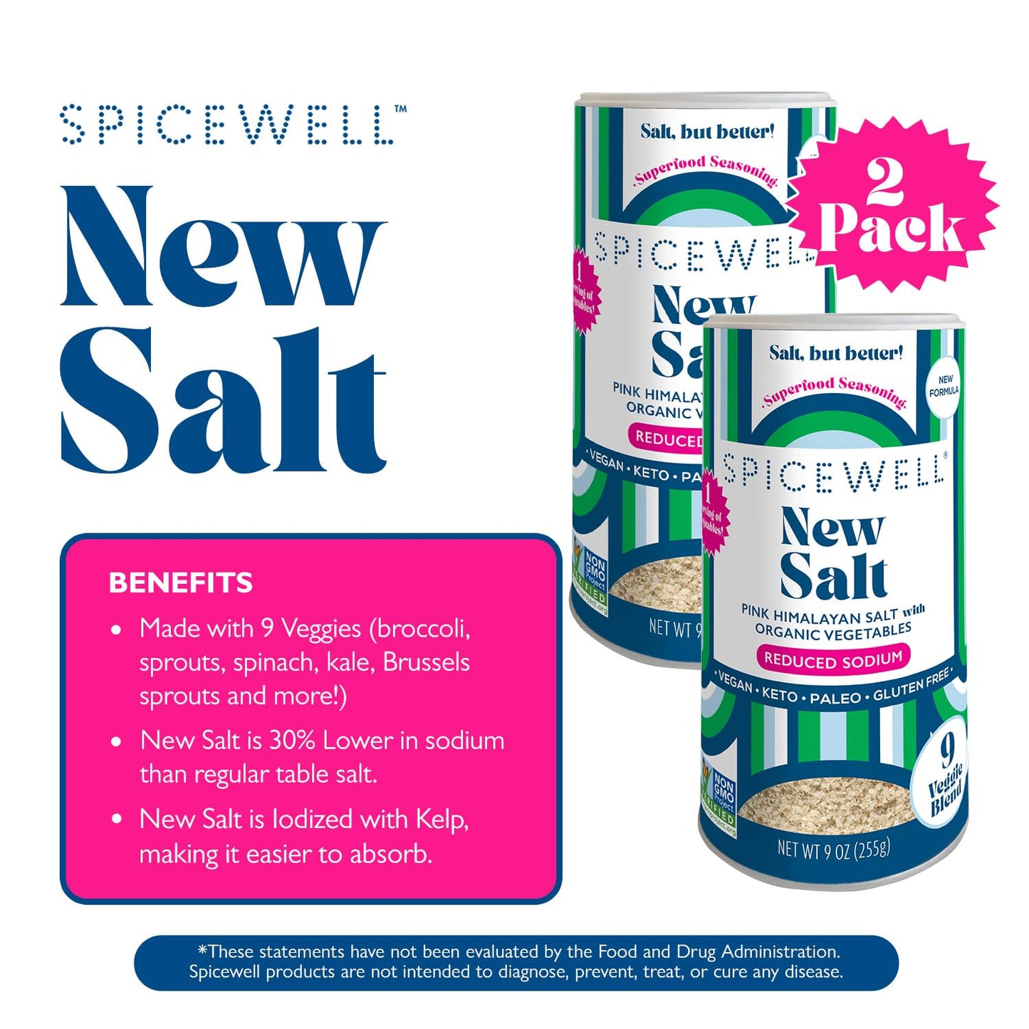 Spicewell - Himalayan Pink Salt Pouch - Boosted with 9 Real Veggies, Less Sodium Than Table Salt - Fine Ground - 9oz Shaker (2 p