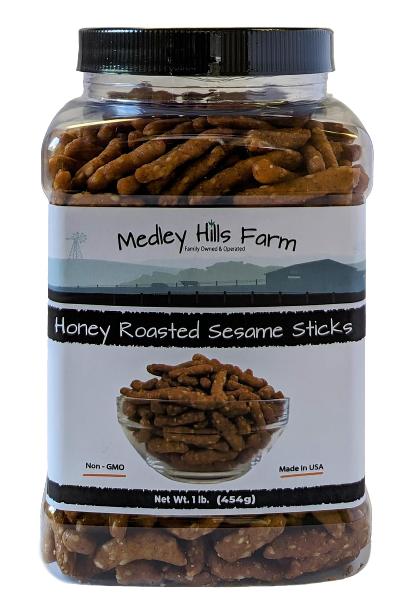 Medley Hills Farm Honey Roasted Sesame Sticks Snacks, 16 oz, Sweet & Salty, Reusable Container