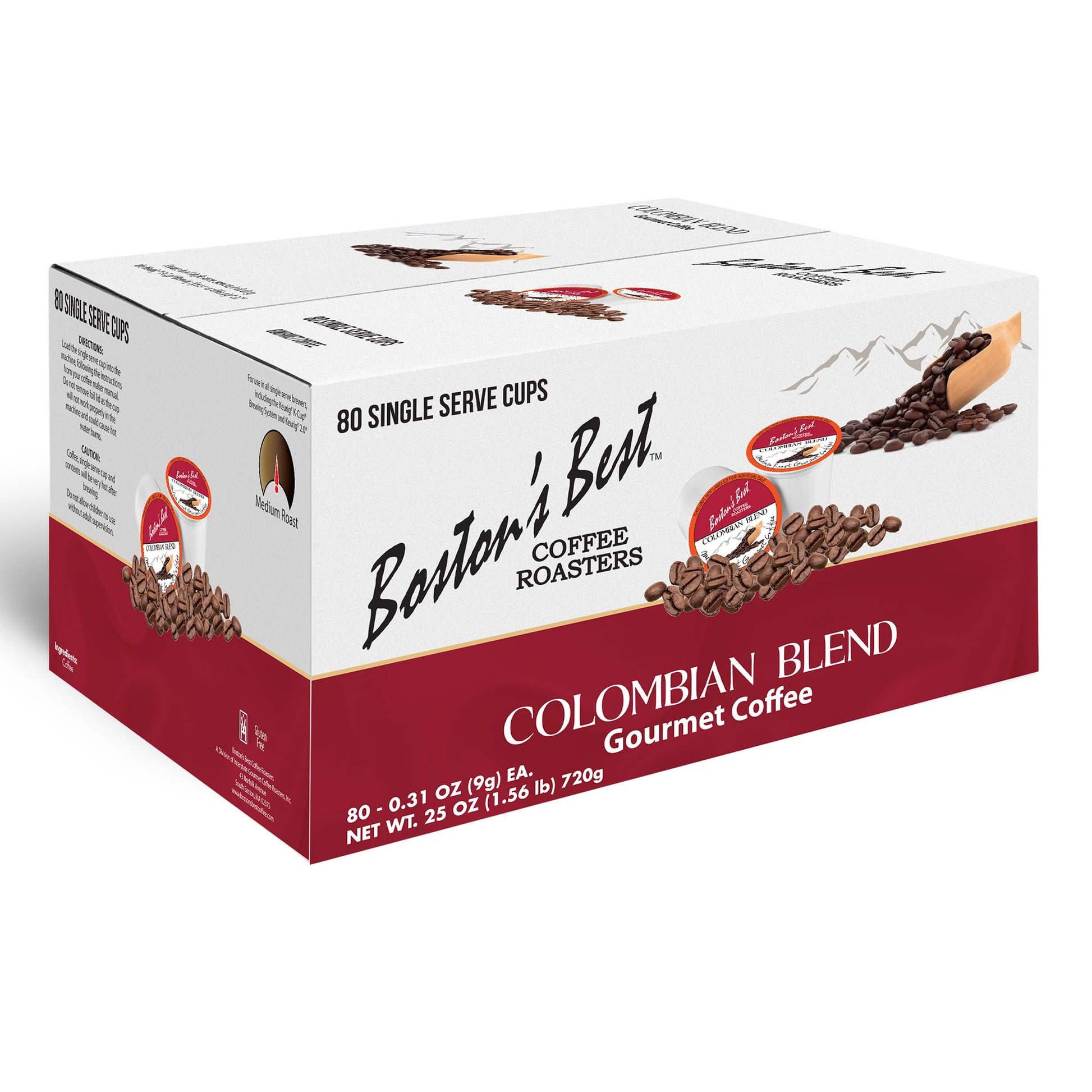 Bostons Best Colombian Blend Gourmet Coffee, Bold Medium Roast, 80 Single Serve Cups, Compatible with Keurig Coffee Maker, Black