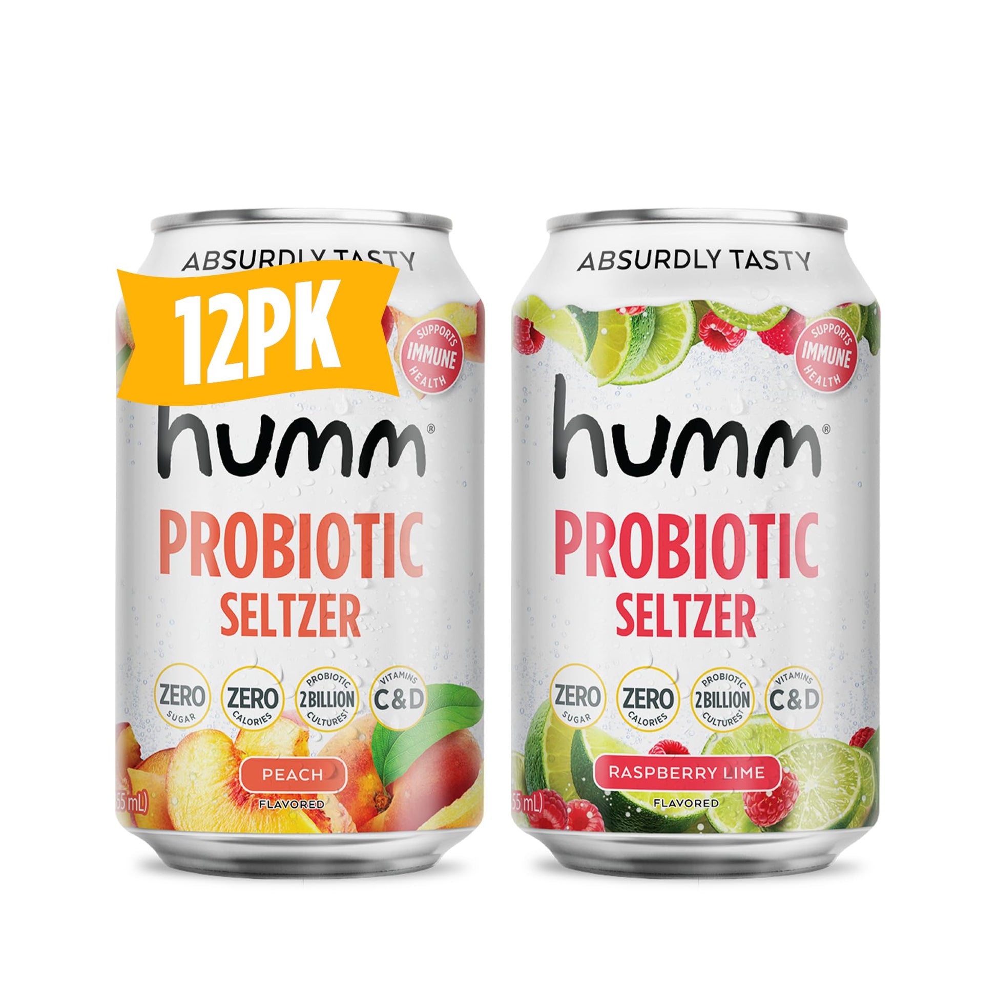 Humm Sparkling Water Variety Pack, Peach & Raspberry Lime Seltzer, Zero Sugar, Zero Calorie, Whole30 Approved Probiotic Drink, 2