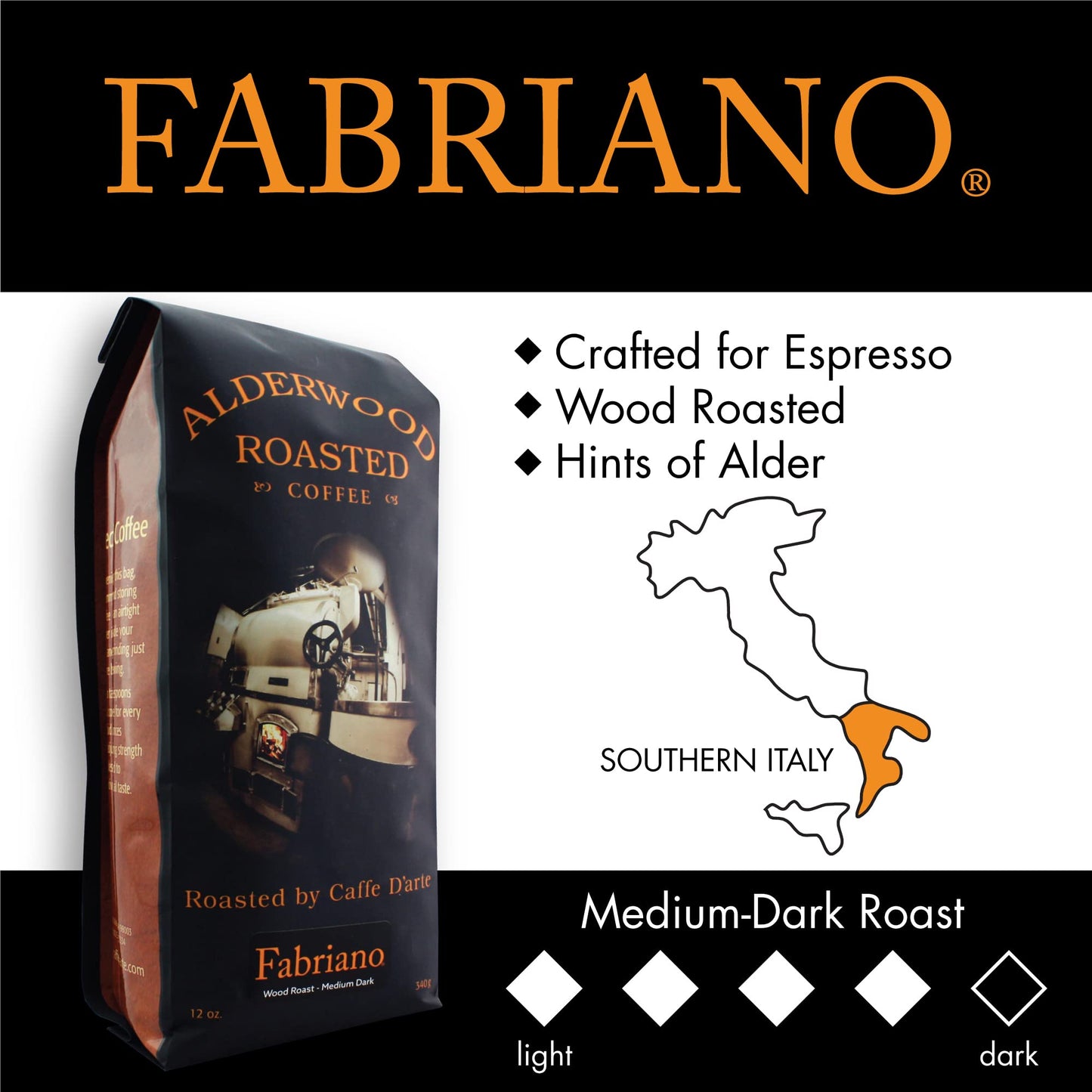 Caffe Darte Fabriano Wood Roast Reserve Whole Bean Espresso Coffee, 12 Ounce