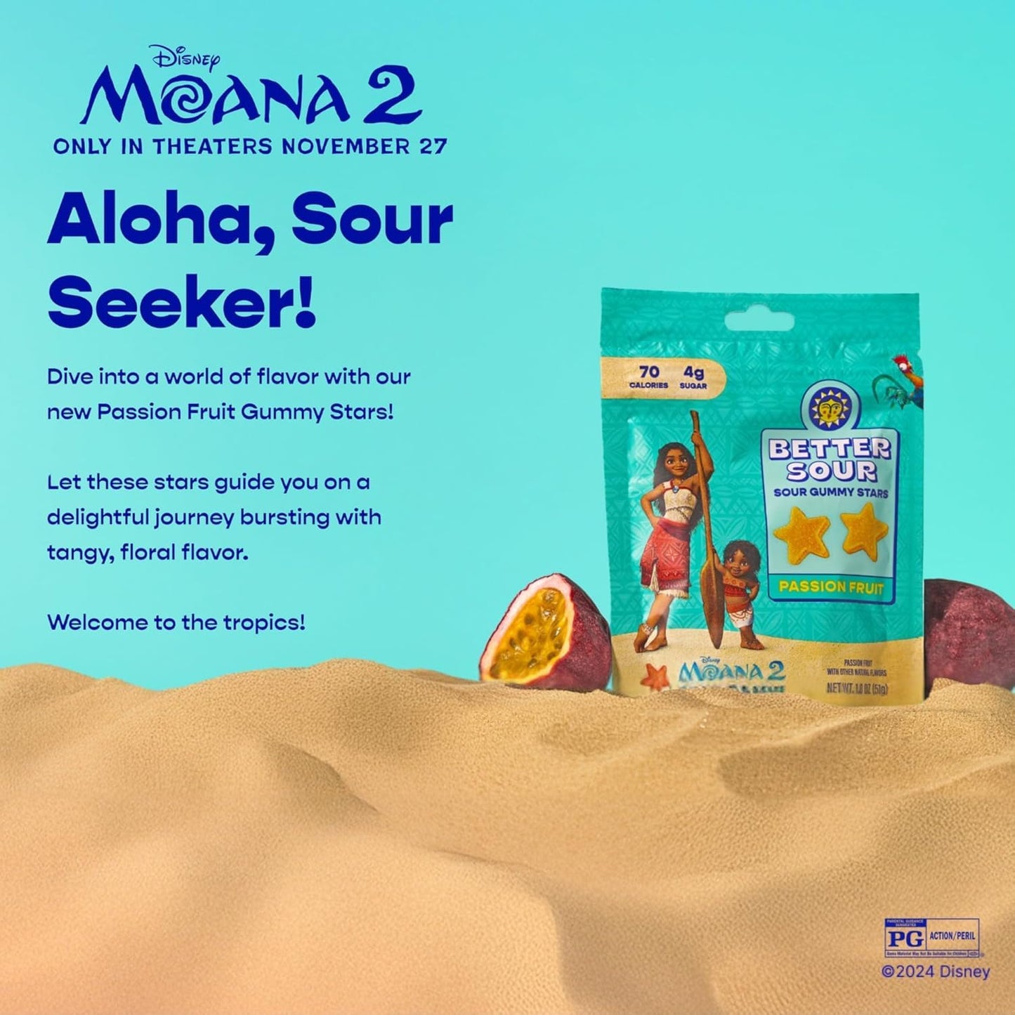 Better Sour Disneys Moana 2 Passion Fruit Gummy Stars Candy Naturally Flavored Plant-Based Low 4G/70 Cal Per 1.8Oz Sugar Healthy