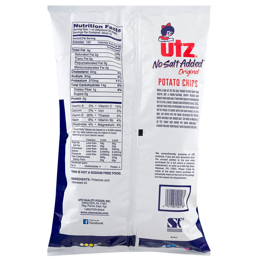 Utz No Salt Added Original Potato Chips 9.5 Ounces (4 Bags)
