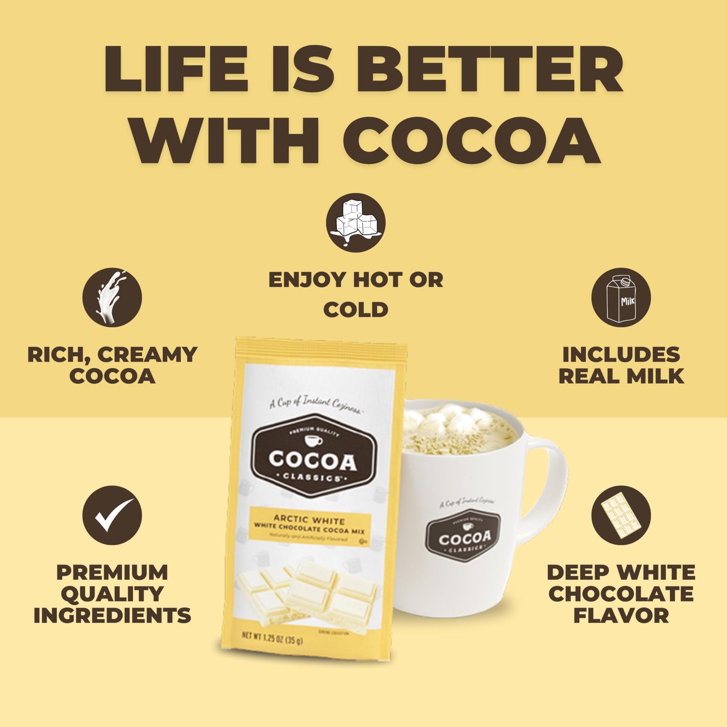 COCOA CLASSICS Hot Chocolate Mix, Arctic White, Gluten Free, 1.25oz Packets, Pack of 36