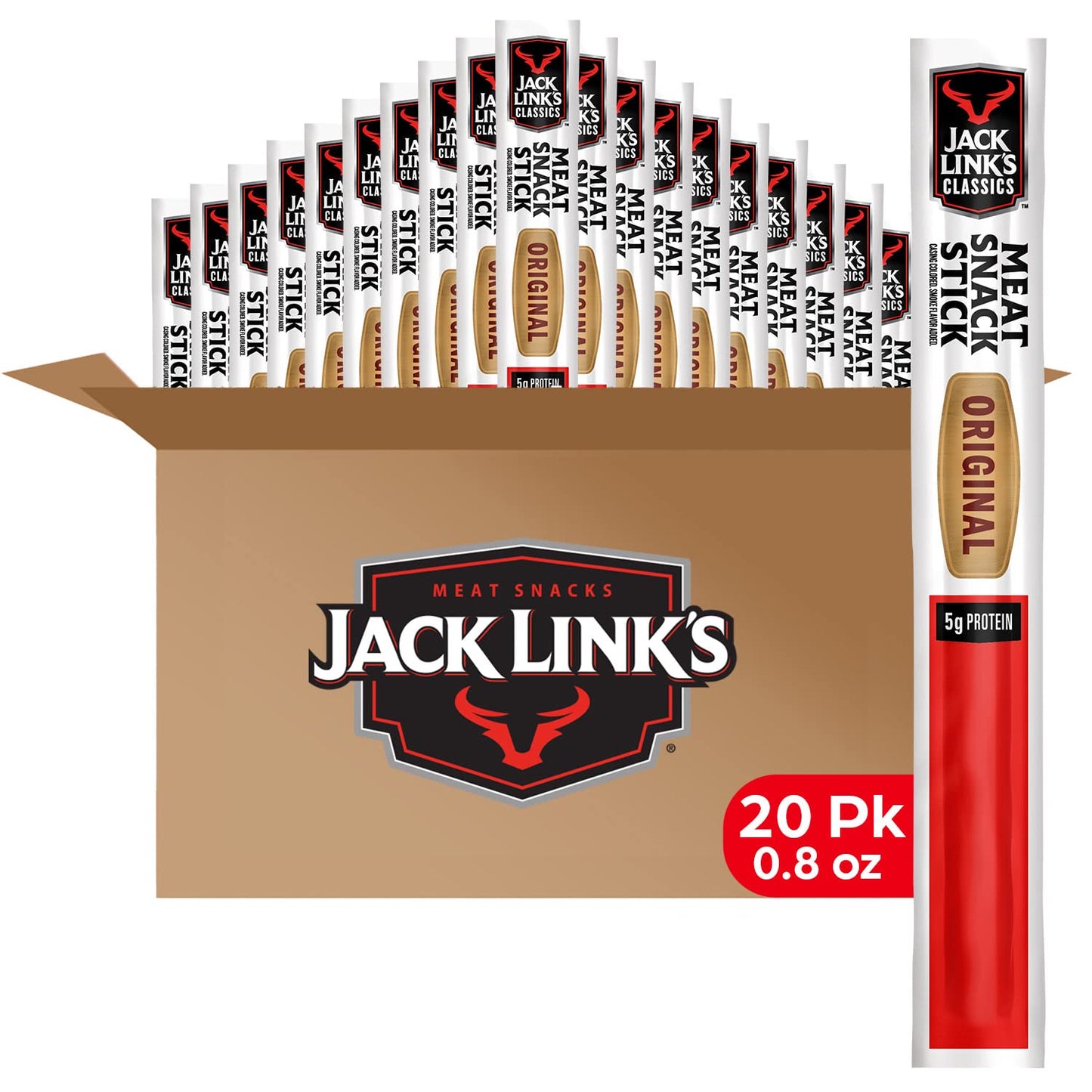 Jack Link'S Beef Sticks, Original - Protein Snack, Meat Stick With 5G Of Protein, Made With 100% Beef - 0.8 Oz. (Pack Of 20)