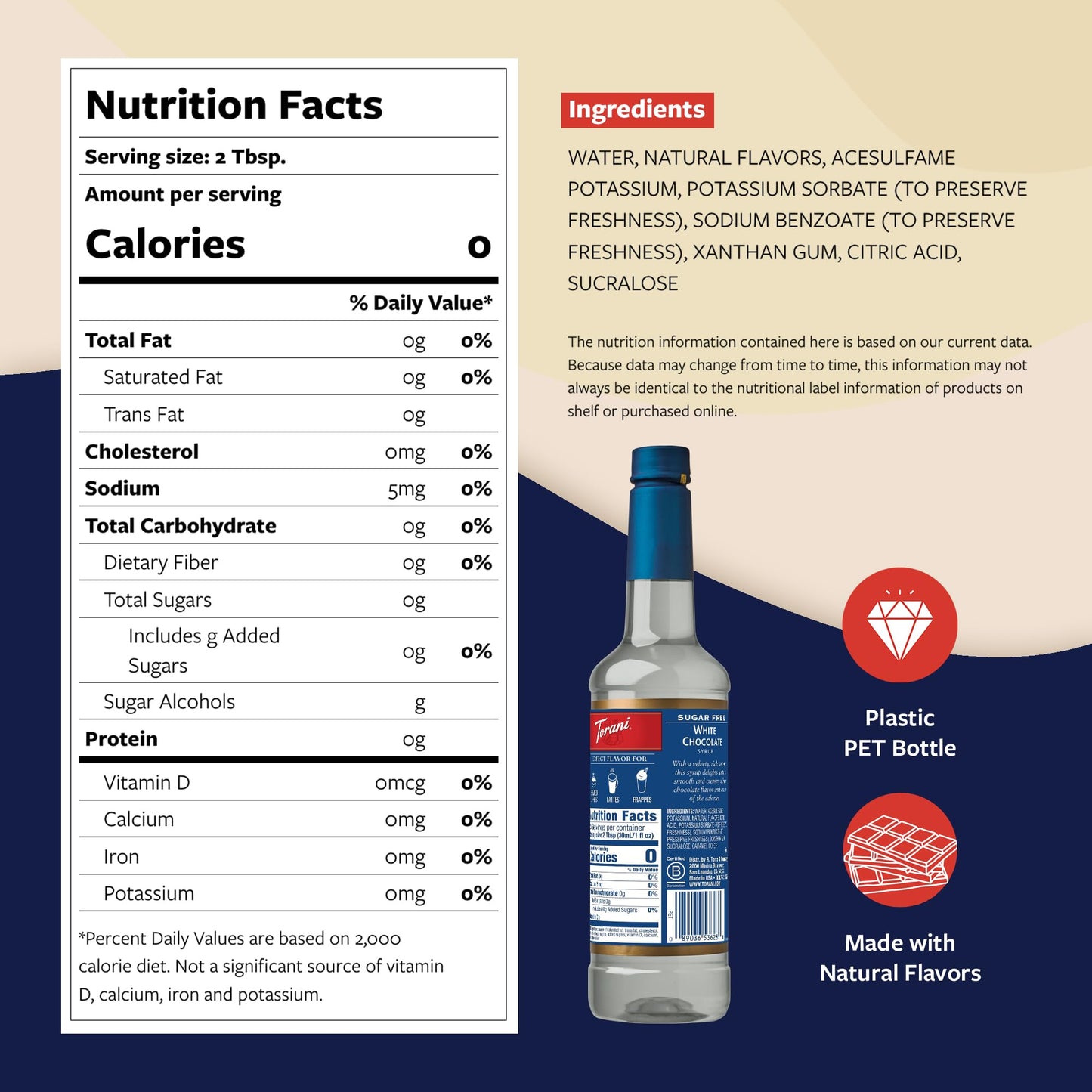 Torani Sugar Free Coffee Syrup  White Chocolate Flavored Syrup for Drinks  Zero Calorie  Pump Included  25.4 Fl Oz