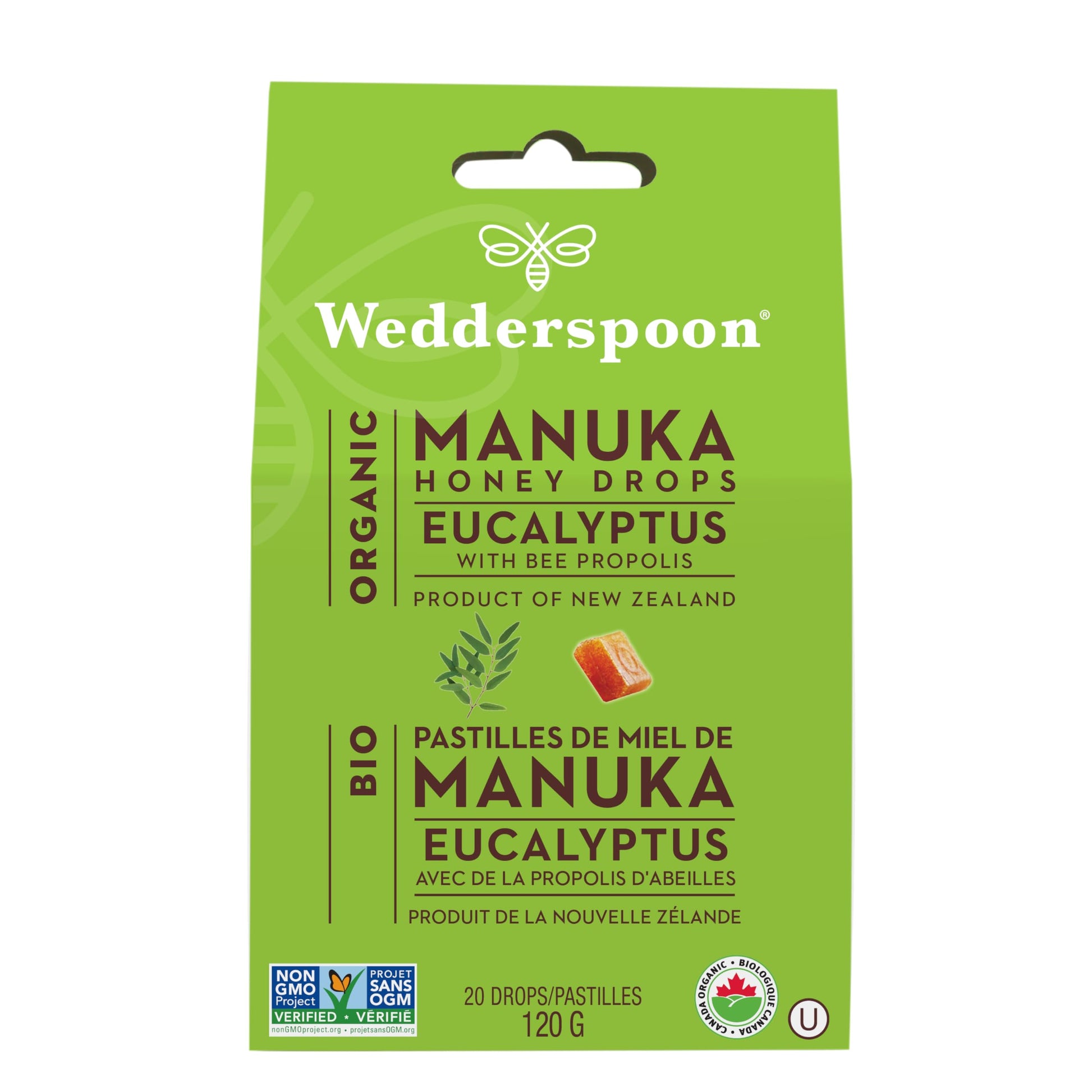 Wedderspoon Organic Manuka Honey Drops  Eucalyptus & Bee Propolis  20 Count (Pack Of 1)  Genuine New Zealand Honey  Perfect Remedy For Dry Throats