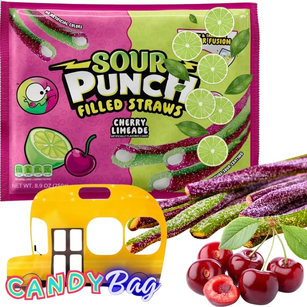 Sour Filled Bites Straws - 8.9oz Extra Value Bag - Dual Flavor Fusion Cherry & Limeade - Comes With One Bus Resealable Zipbag (C