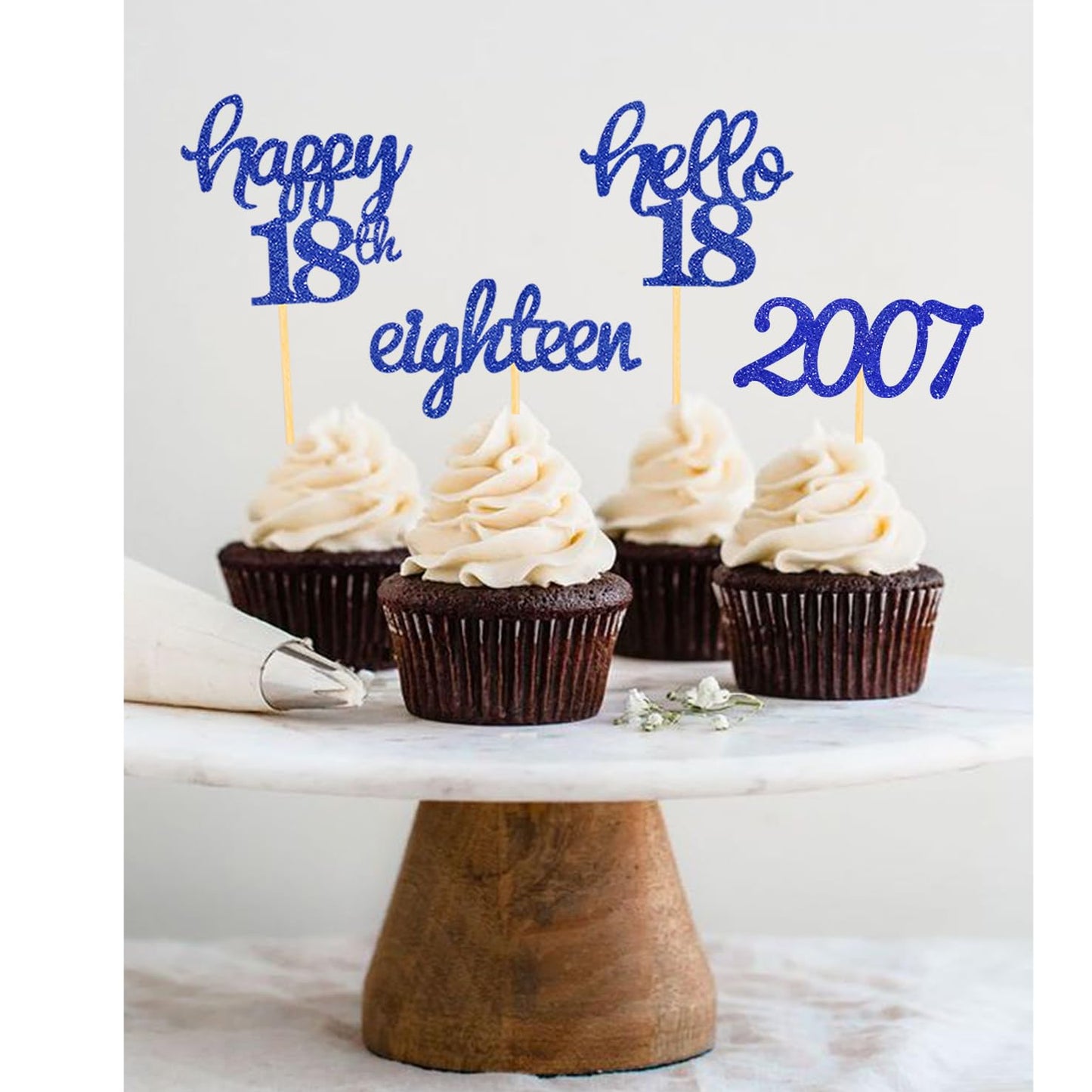 Moitkptt 24 Pcs Glitter Cupcake Toppers for 18th Birthday Party Decorations, Blue, Paper, Model BIR18